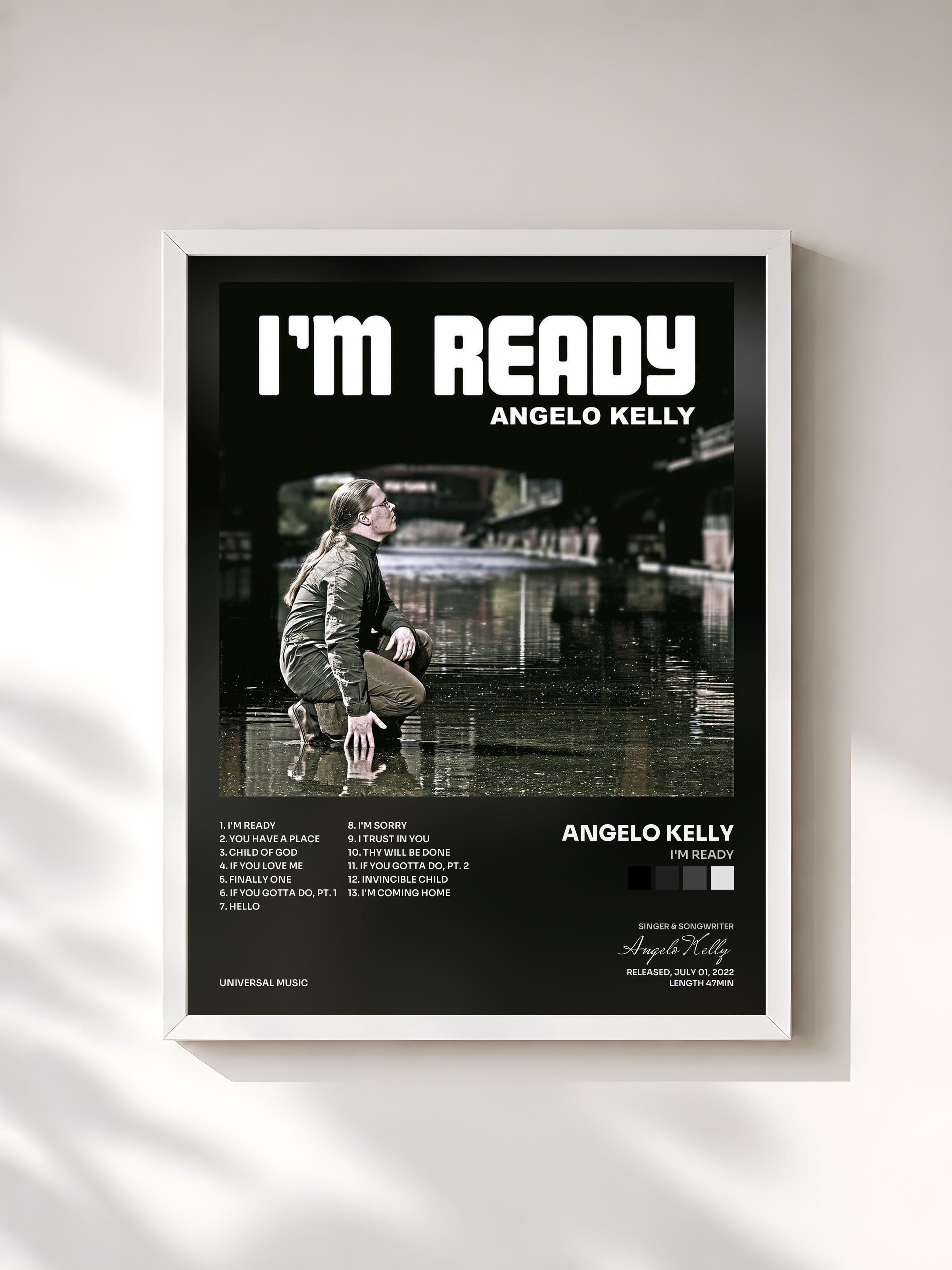 #blanc Tableau de l'album I'm Ready de Angelo Kelly, cadre blanc, imprimé et encadré en France