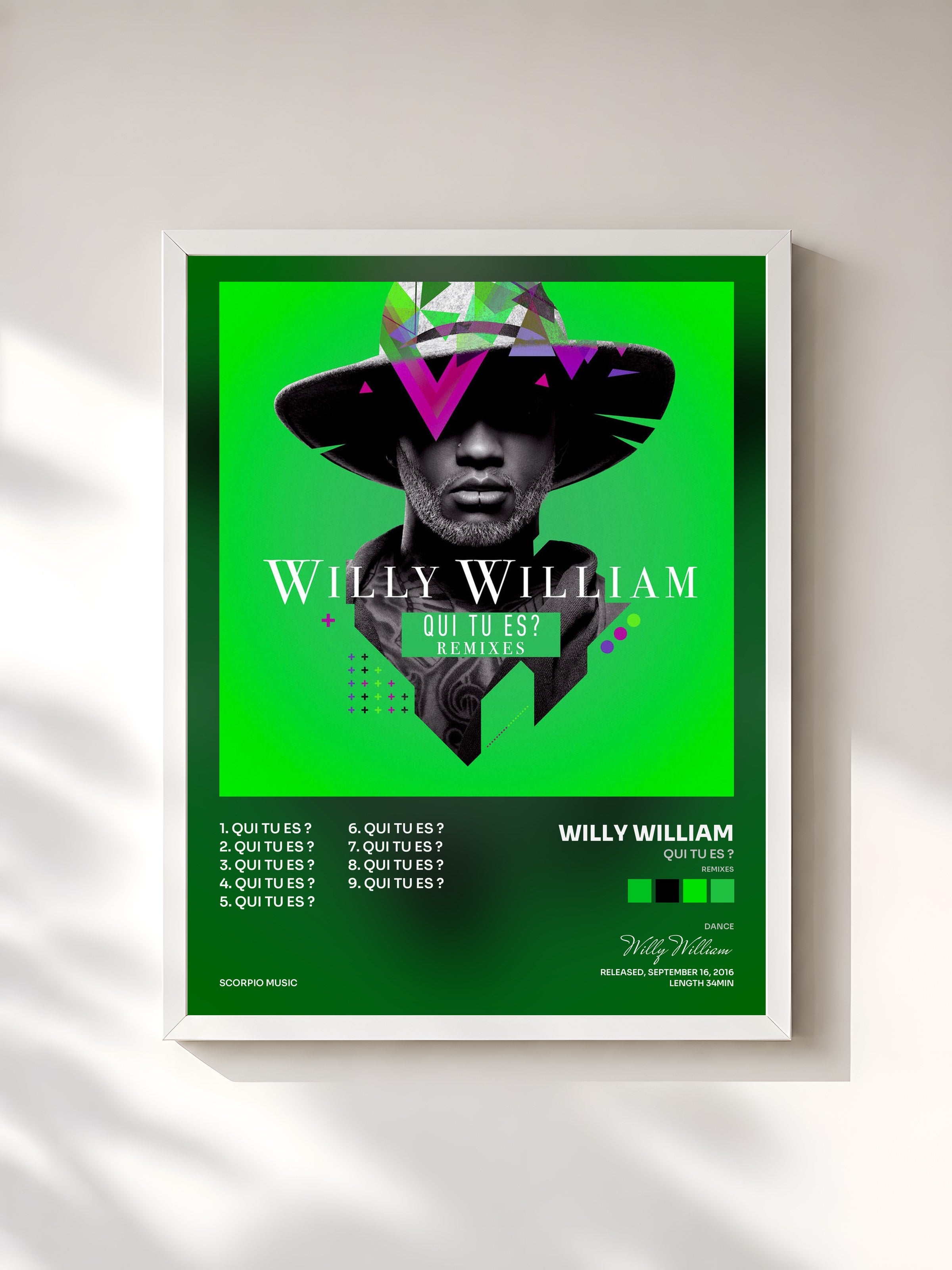 #blanc Tableau de l'album Qui tu es ? (Remixes) de Willy William, cadre blanc, imprimé et encadré en France