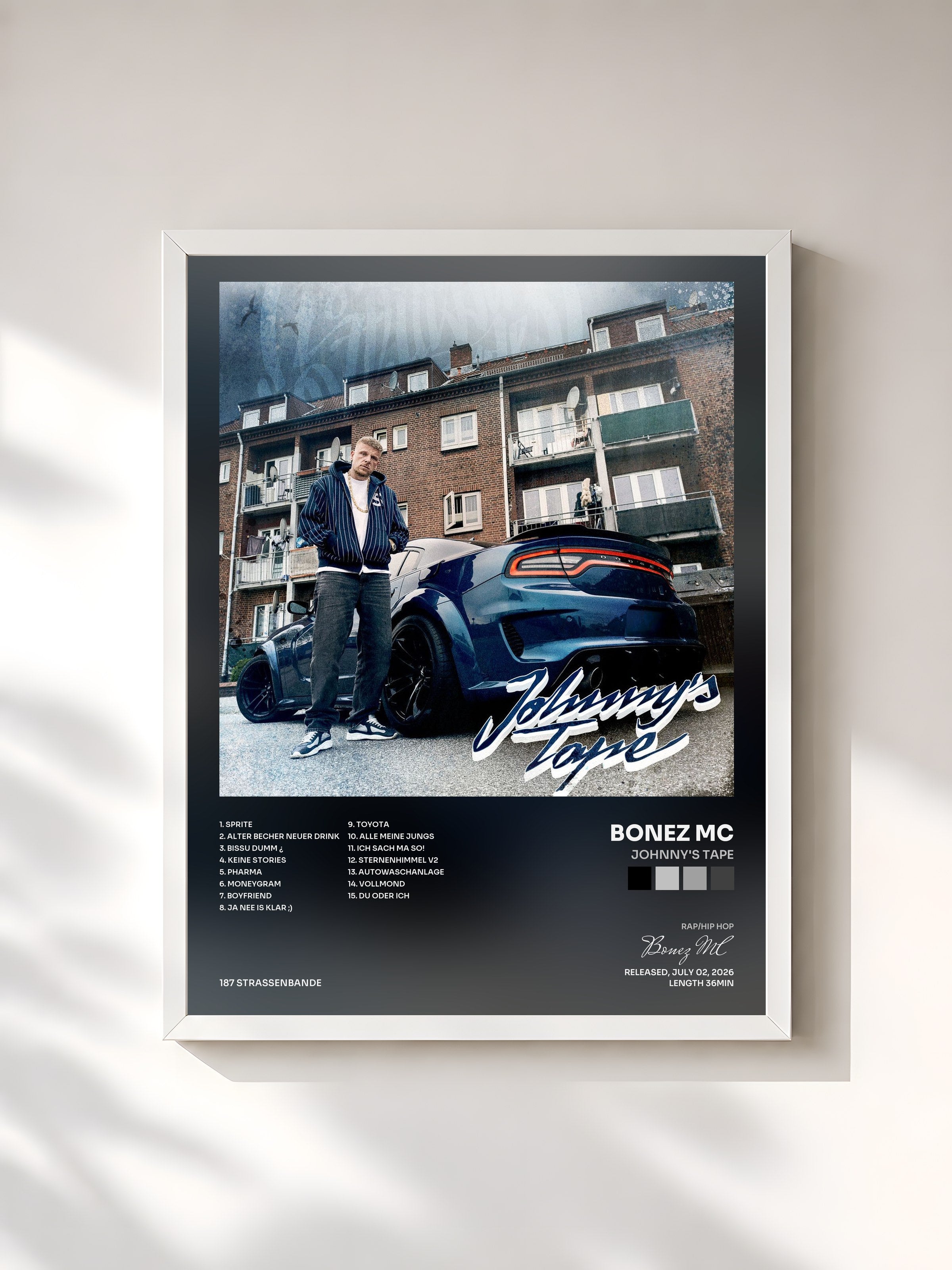 #blanc Tableau de l'album Johnny's Tape de Bonez MC, cadre blanc, imprimé et encadré en France