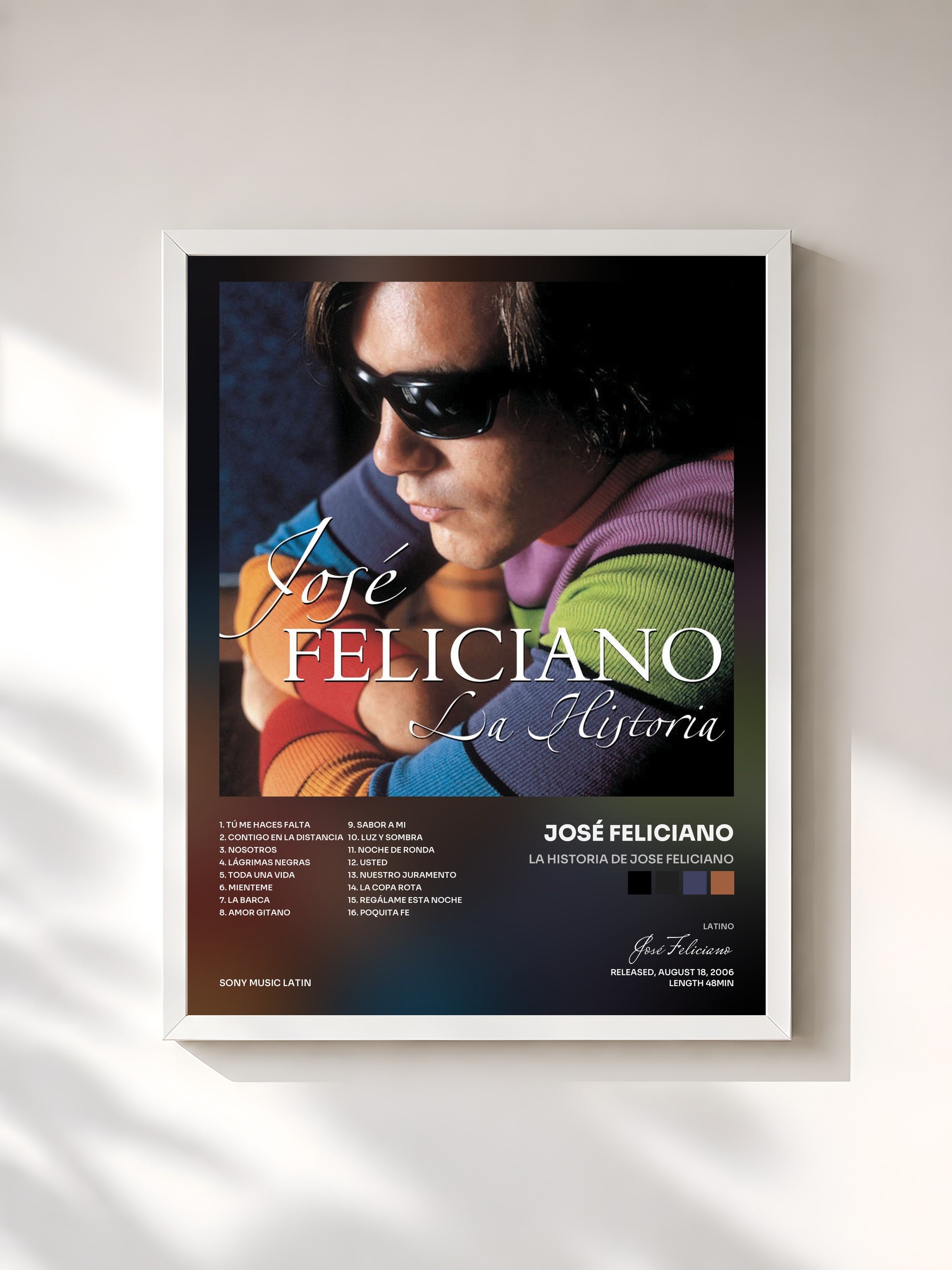 #blanc Tableau de l'album La Historia De Jose Feliciano de José Feliciano, cadre blanc, imprimé et encadré en France