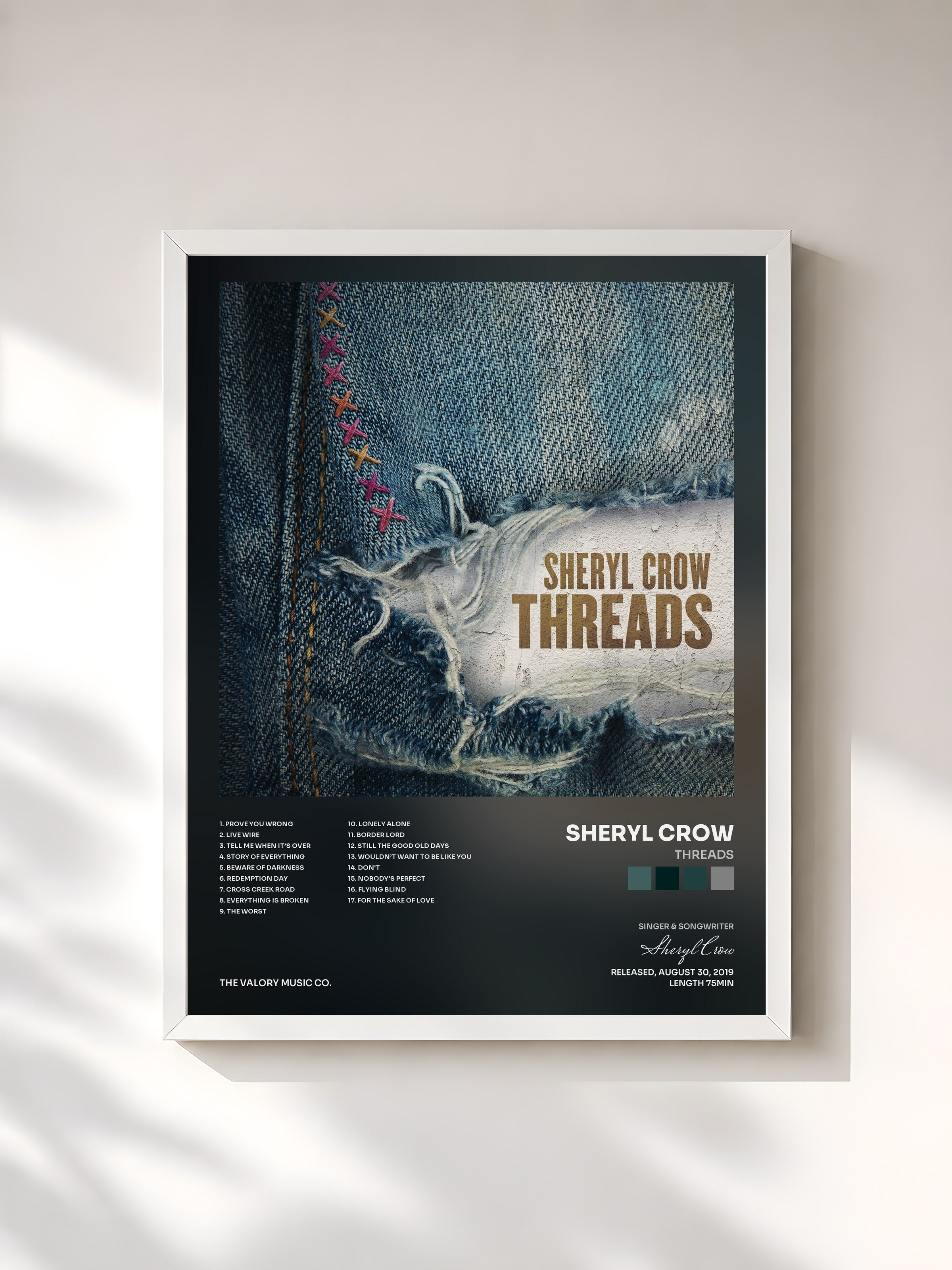 #blanc Tableau de l'album Threads de Sheryl Crow, cadre blanc, imprimé et encadré en France
