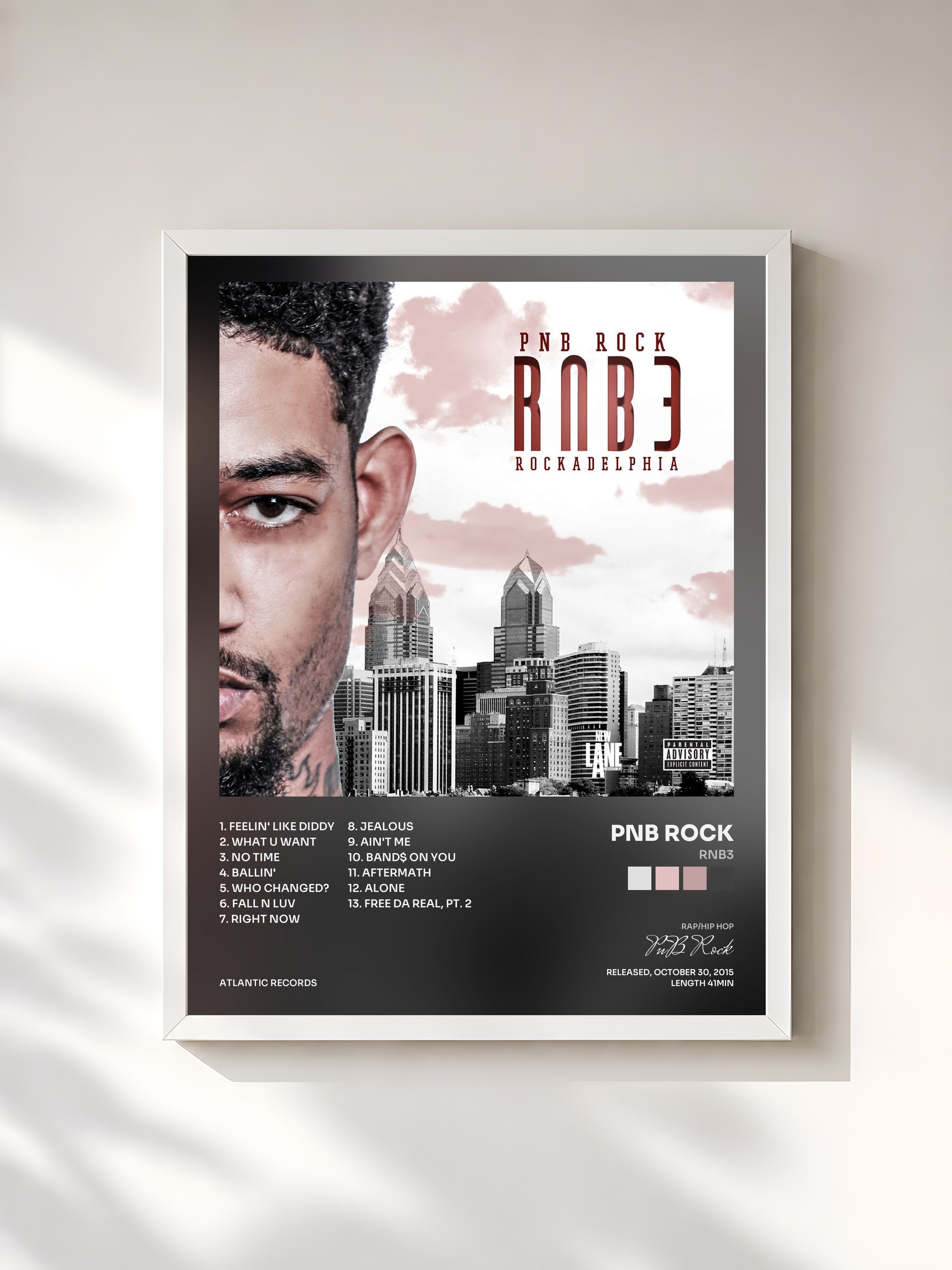 #blanc Tableau de l'album RNB3 de PnB Rock, cadre blanc, imprimé et encadré en France