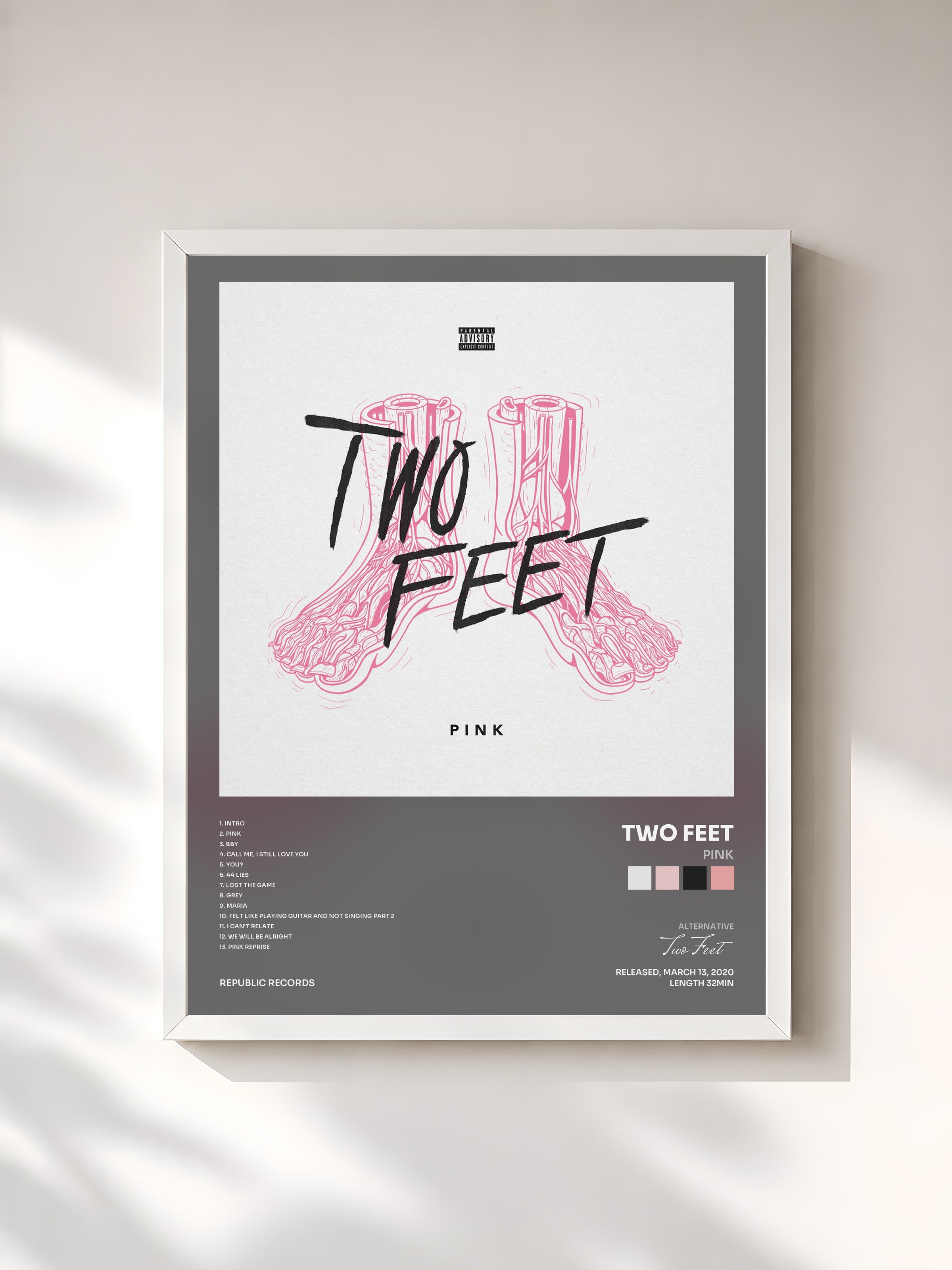 #blanc Tableau de l'album Pink de Two Feet, cadre blanc, imprimé et encadré en France
