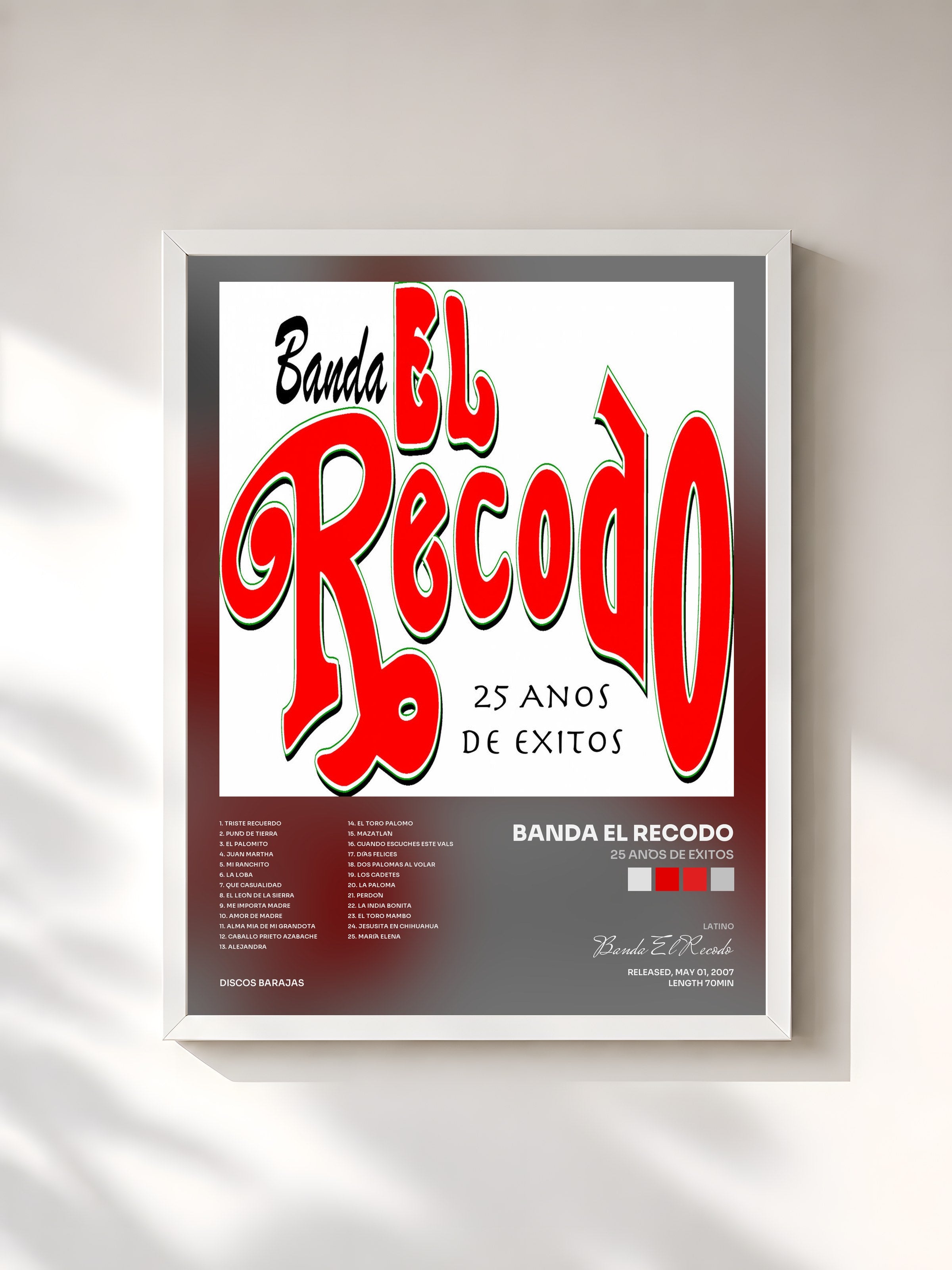 #blanc Tableau de l'album 25 Años De Éxitos de Banda El Recodo, cadre blanc, imprimé et encadré en France