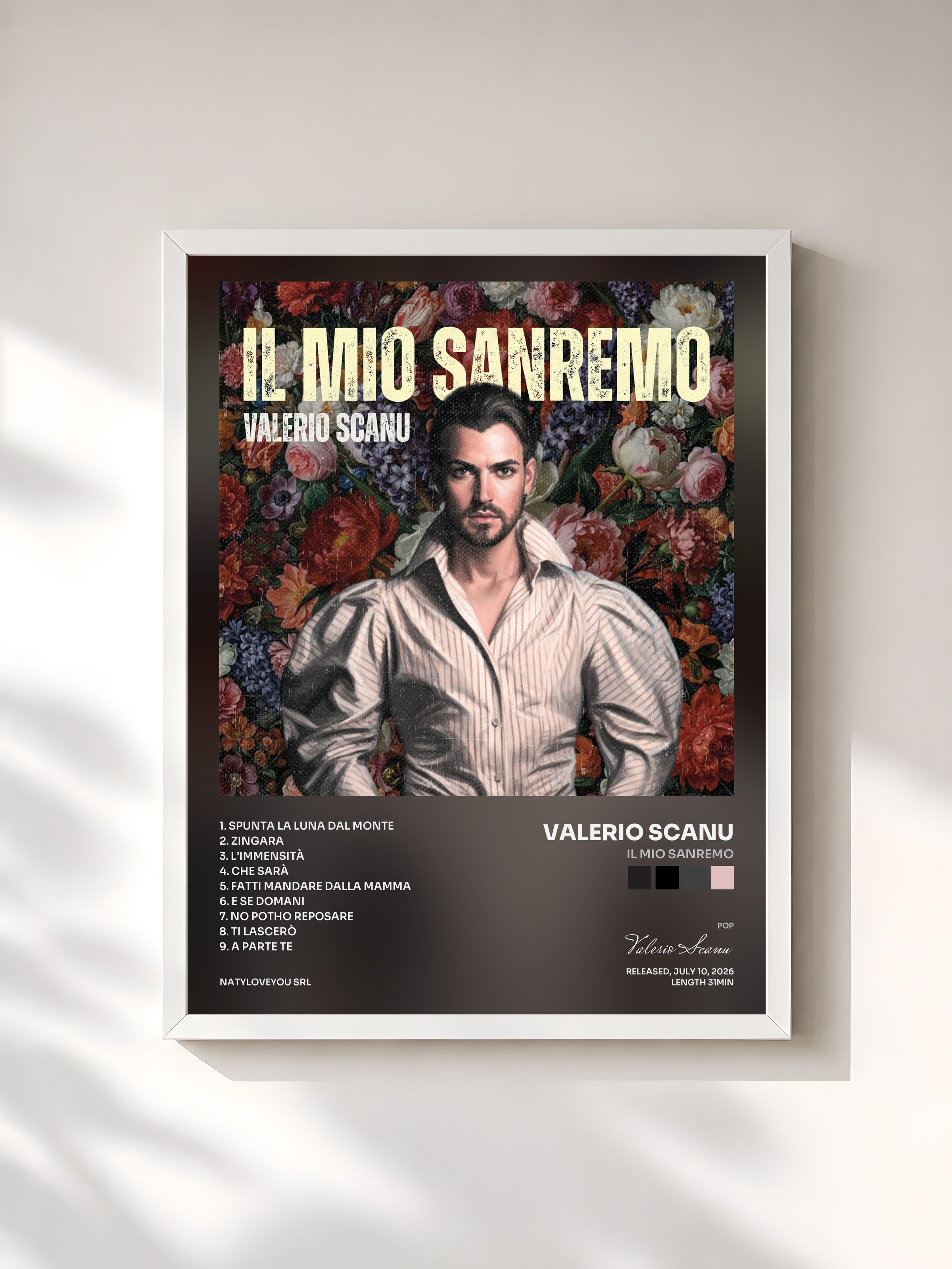 #blanc Tableau de l'album Il Mio Sanremo de Valerio Scanu, cadre blanc, imprimé et encadré en France