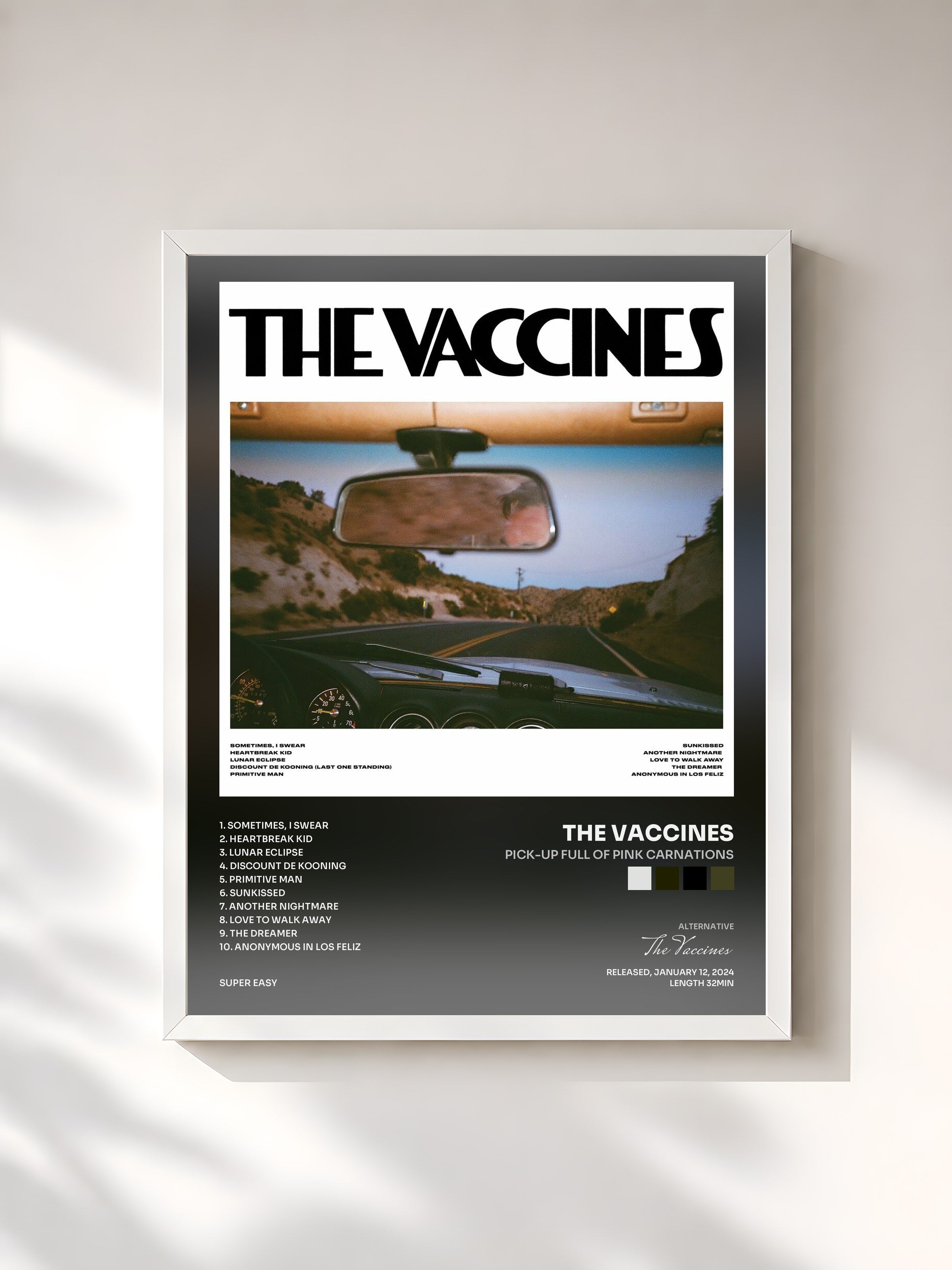 #blanc Tableau de l'album Pick-Up Full Of Pink Carnations de The Vaccines, cadre blanc, imprimé et encadré en France
