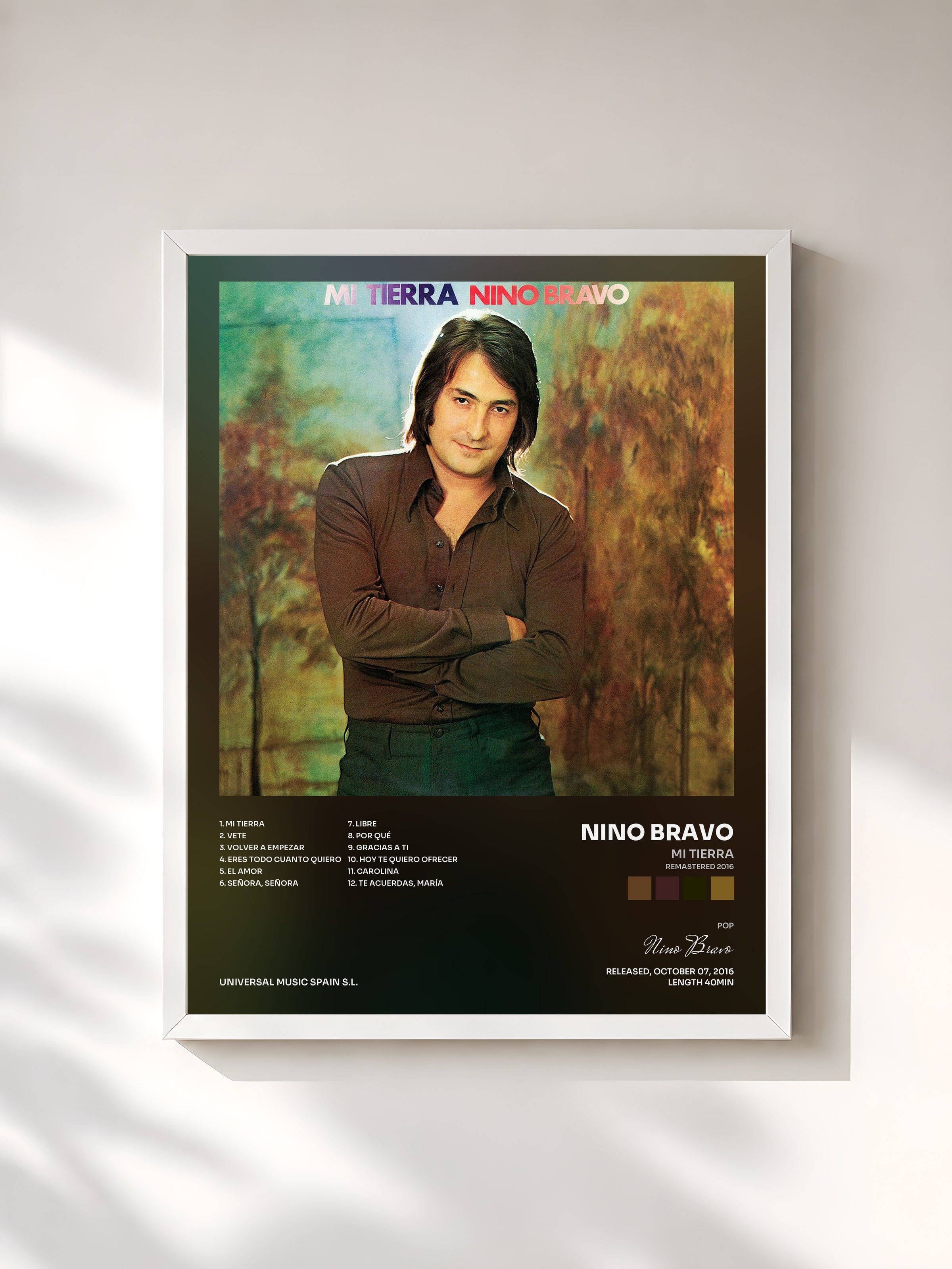 #blanc Tableau de l'album Mi Tierra (Remastered 2016) de Nino Bravo, cadre blanc, imprimé et encadré en France