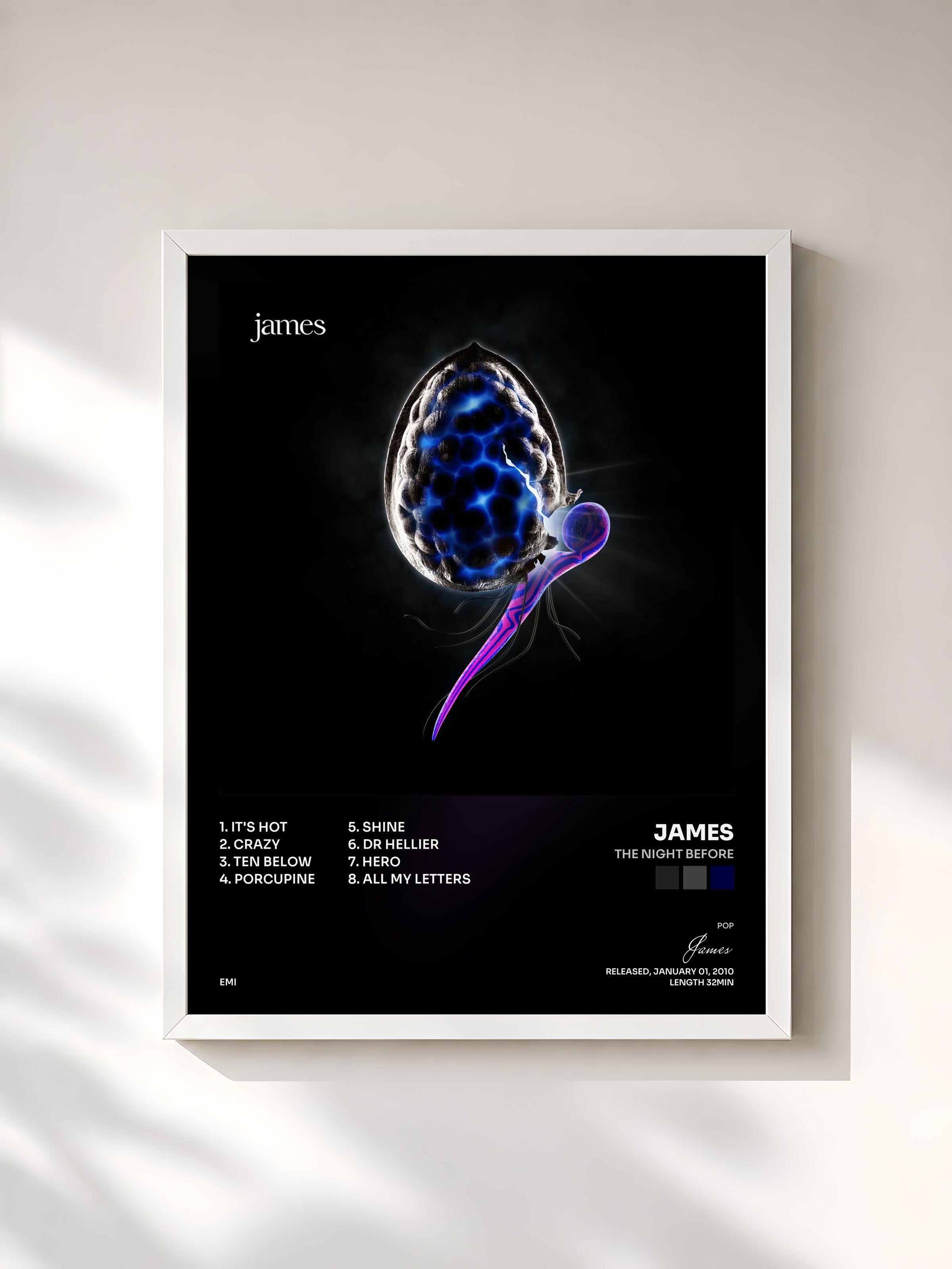 #blanc Tableau de l'album The Night Before de James, cadre blanc, imprimé et encadré en France