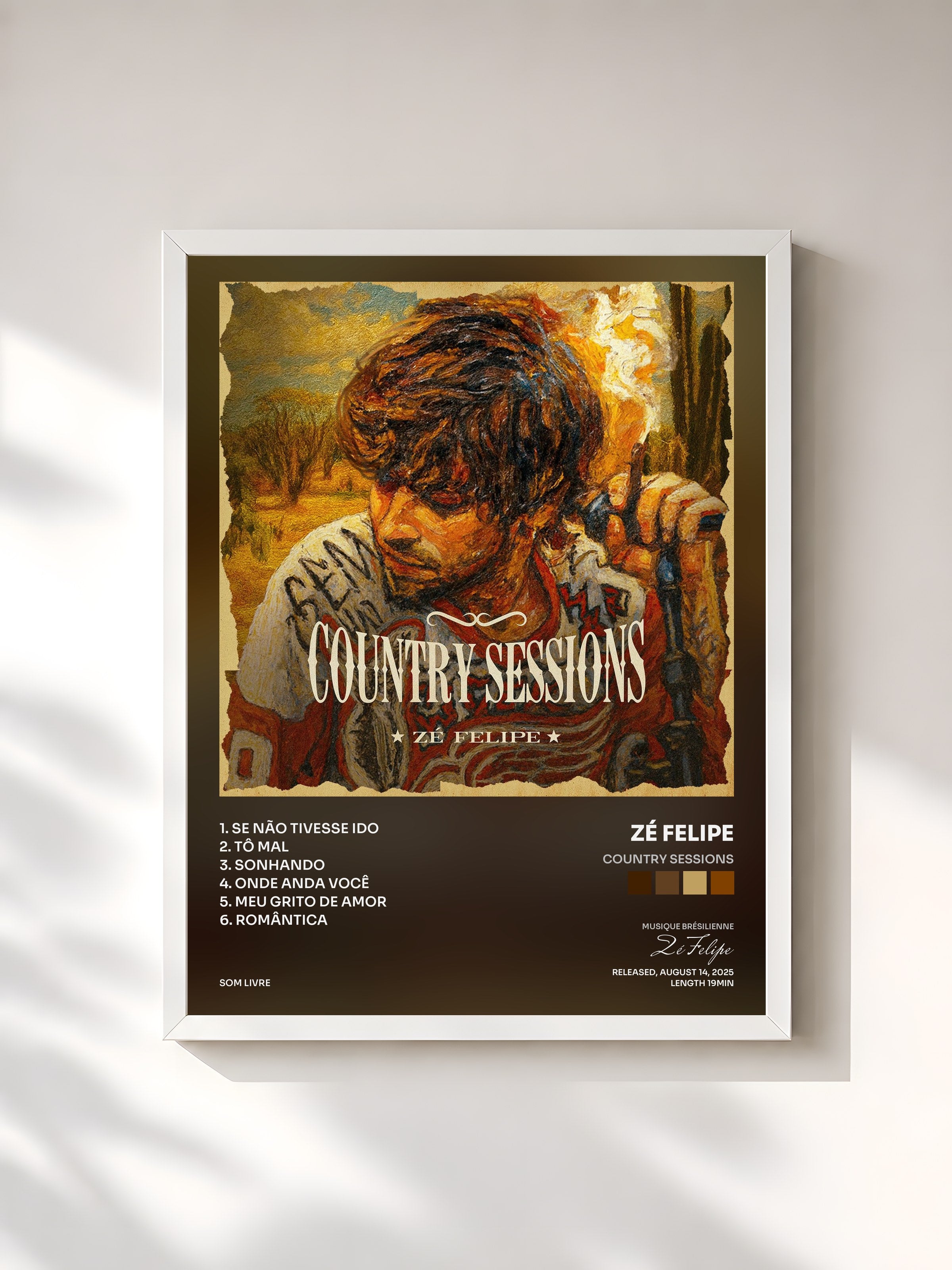 #blanc Tableau de l'album Country Sessions de Zé Felipe, cadre blanc, imprimé et encadré en France