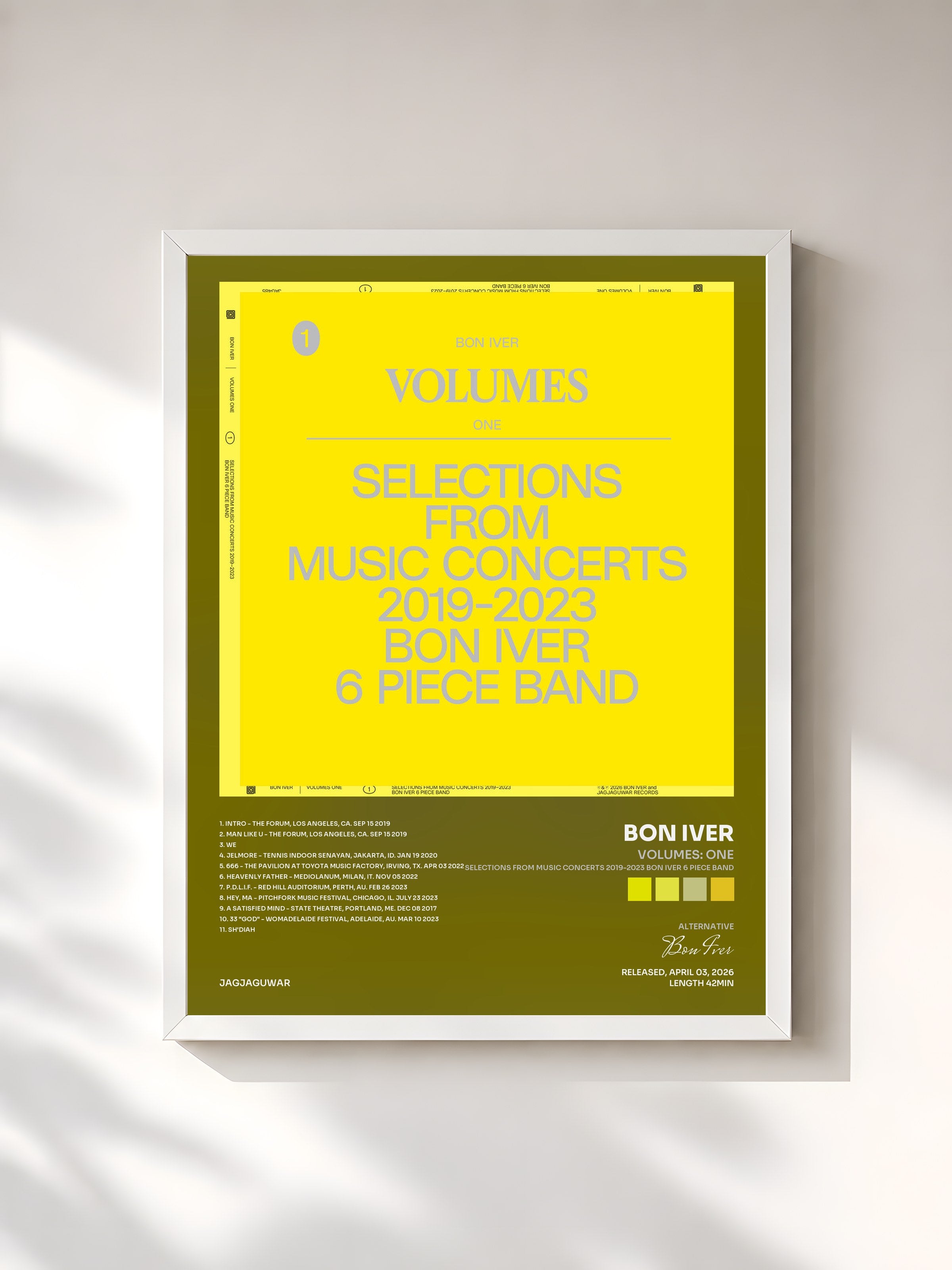#blanc Tableau de l'album VOLUMES: ONE (SELECTIONS FROM MUSIC CONCERTS 2019-2023 BON IVER 6 PIECE BAND) de Bon Iver, cadre blanc, imprimé et encadré en France