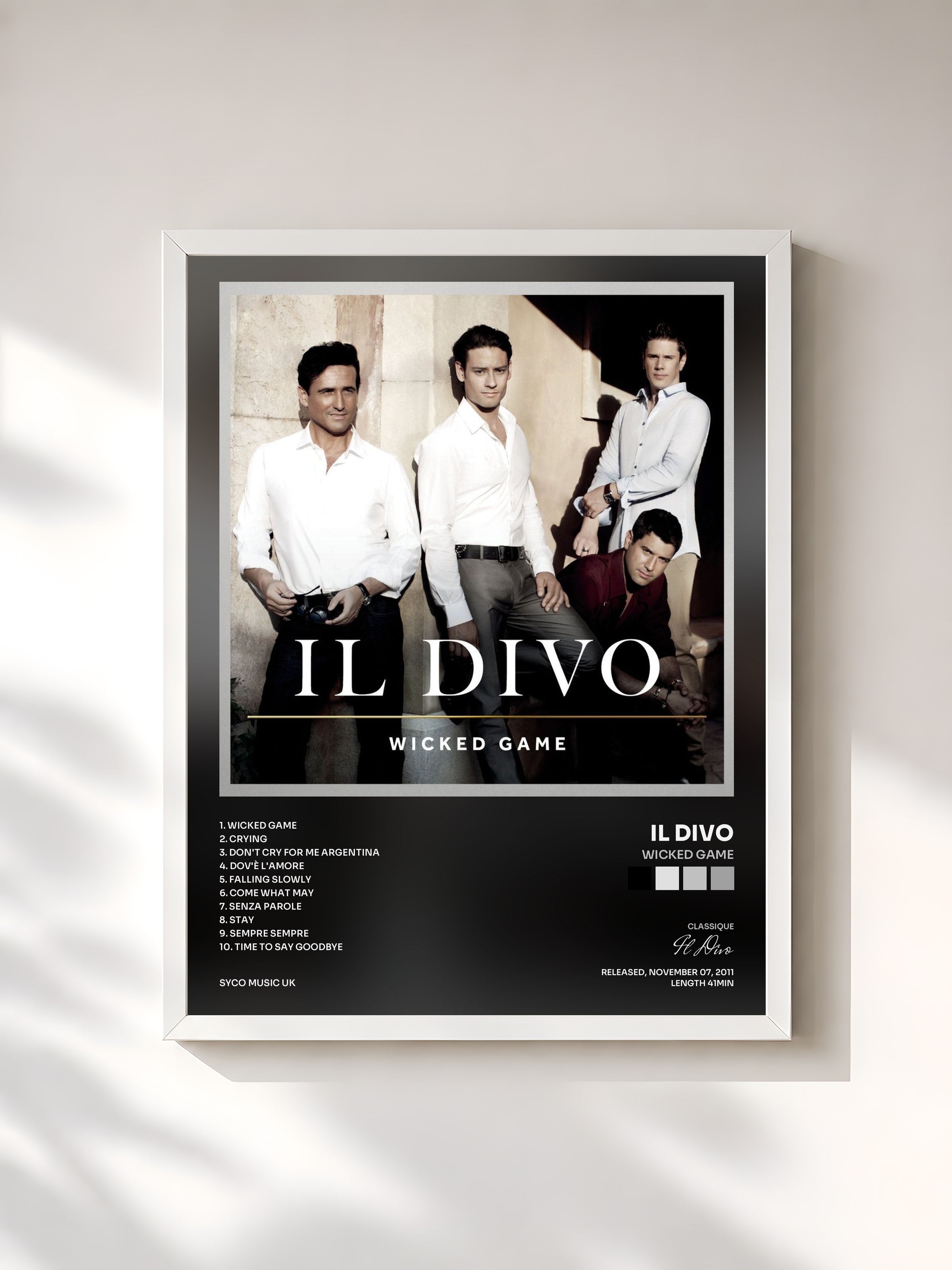 #blanc Tableau de l'album Wicked Game de Il Divo, cadre blanc, imprimé et encadré en France