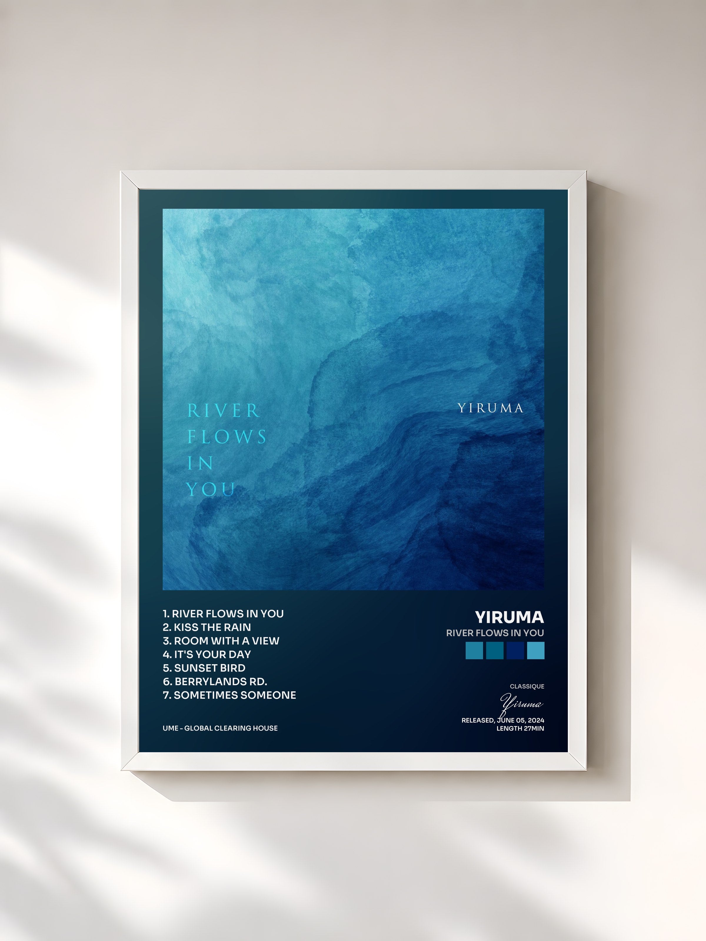#blanc Tableau de l'album River Flows In You de Yiruma, cadre blanc, imprimé et encadré en France