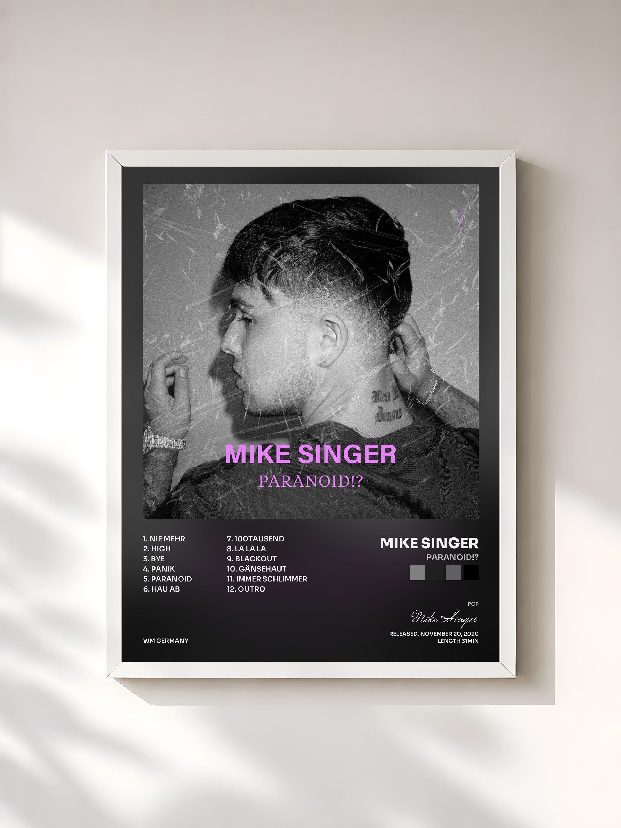 #blanc Tableau de l'album Paranoid!? de Mike Singer, cadre blanc, imprimé et encadré en France