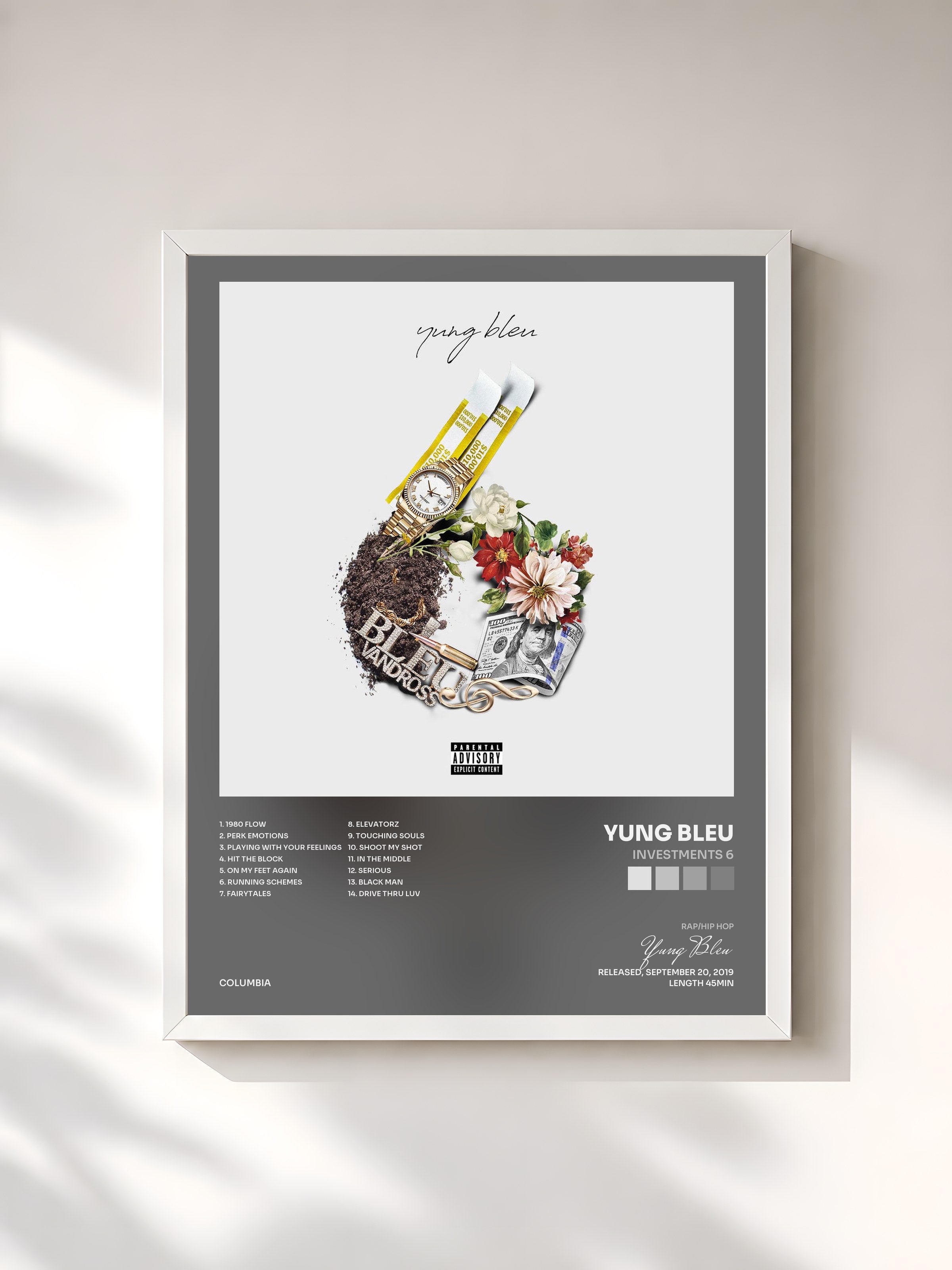 #blanc Tableau de l'album Investments 6 de Yung Bleu, cadre blanc, imprimé et encadré en France