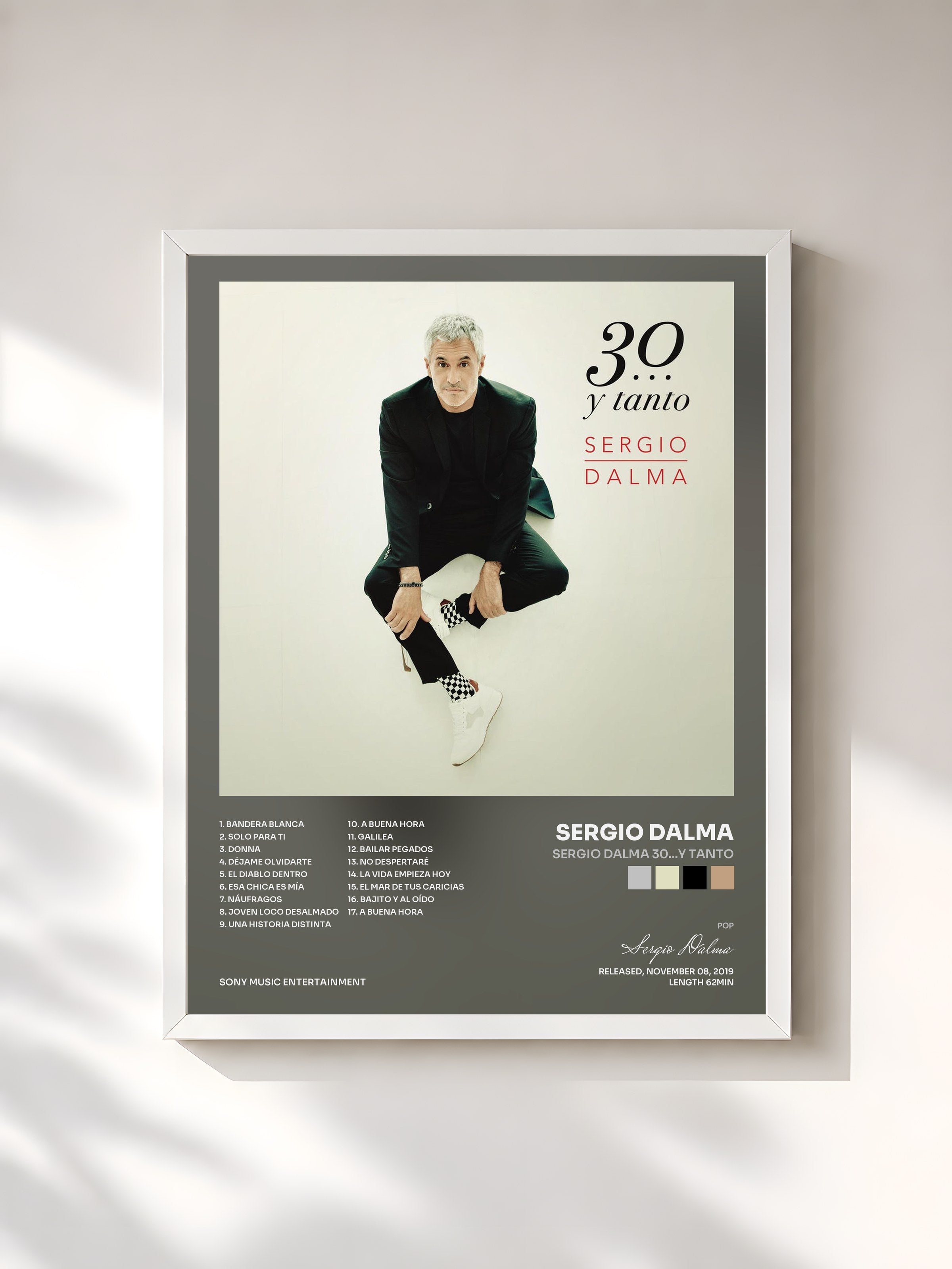 #blanc Tableau de l'album Sergio Dalma 30...y Tanto de Sergio Dalma, cadre blanc, imprimé et encadré en France