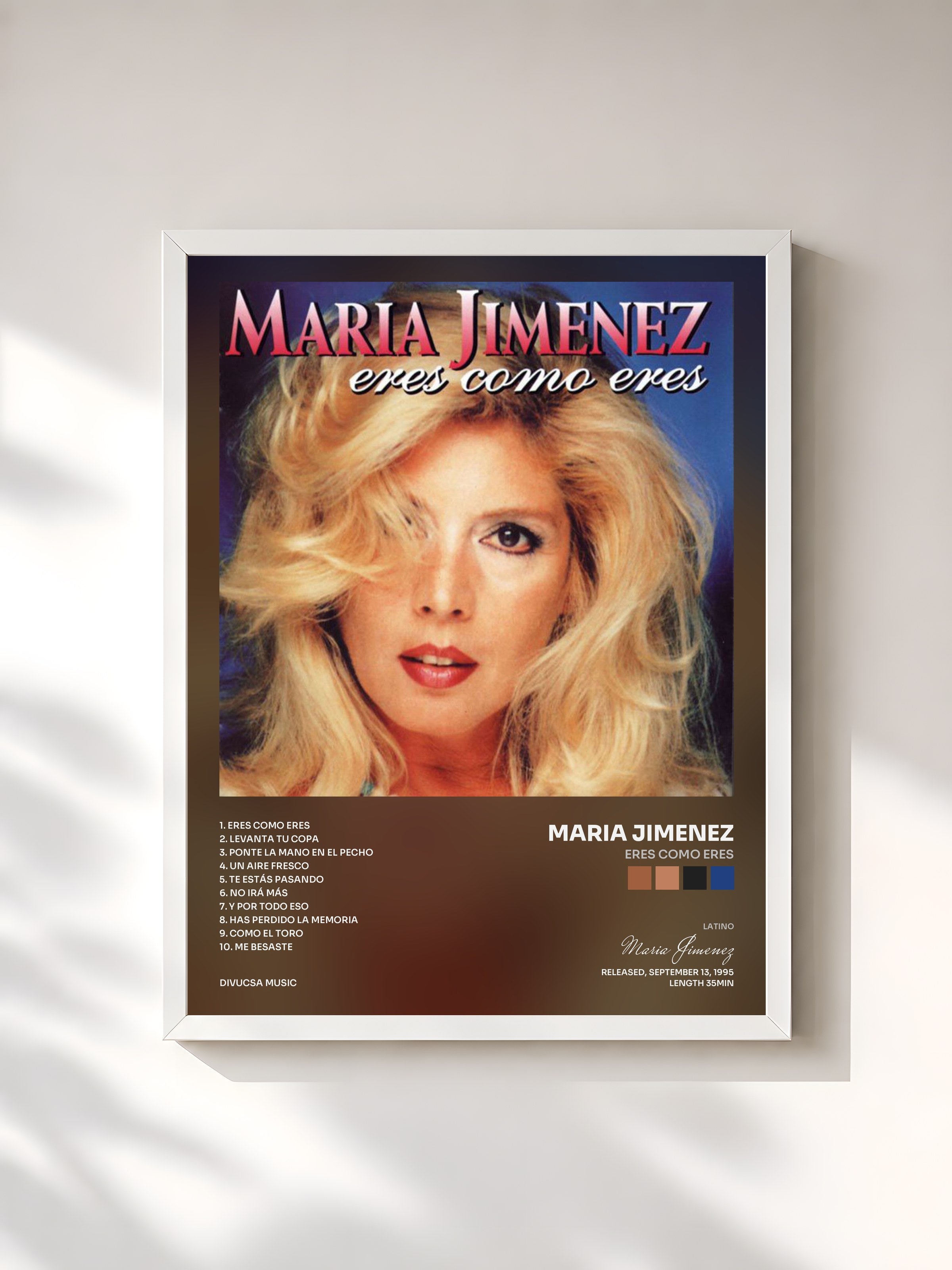 #blanc Tableau de l'album Eres Como Eres de Maria Jimenez, cadre blanc, imprimé et encadré en France