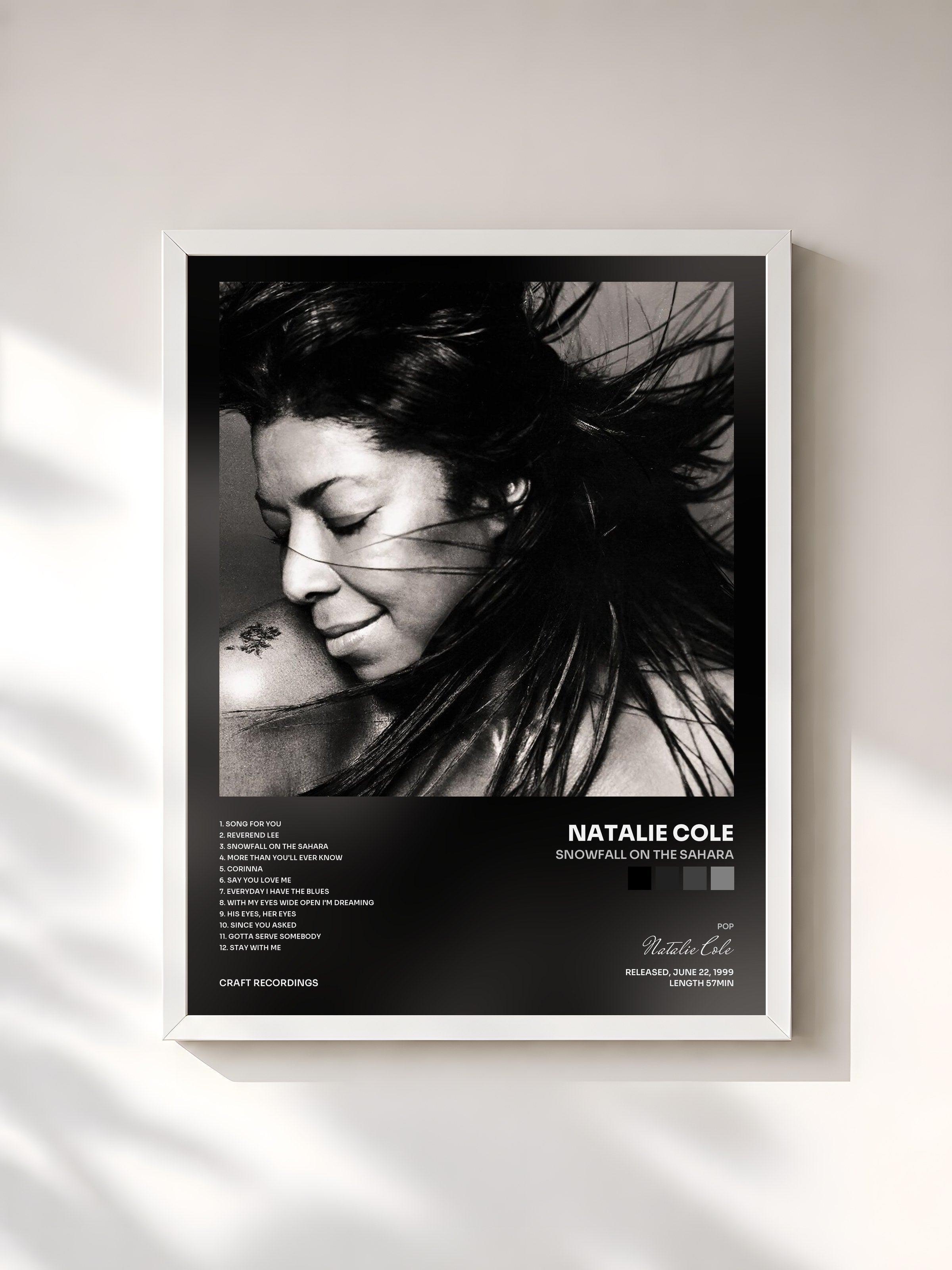 #blanc Tableau de l'album Snowfall On The Sahara de Natalie Cole, cadre blanc, imprimé et encadré en France