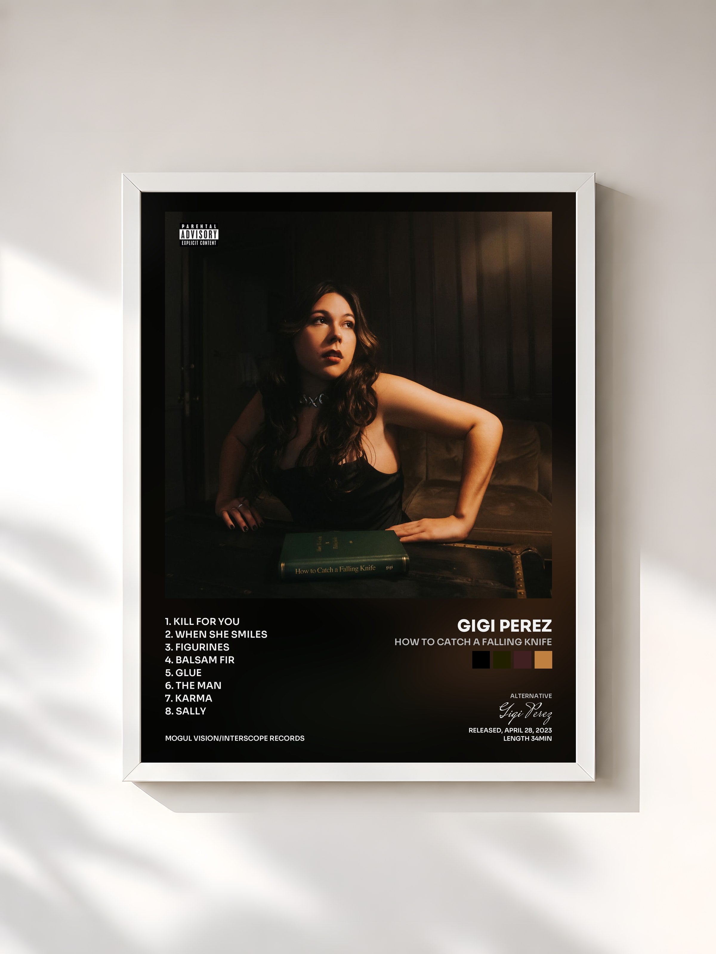 #blanc Tableau de l'album How To Catch A Falling Knife de Gigi Perez, cadre blanc, imprimé et encadré en France