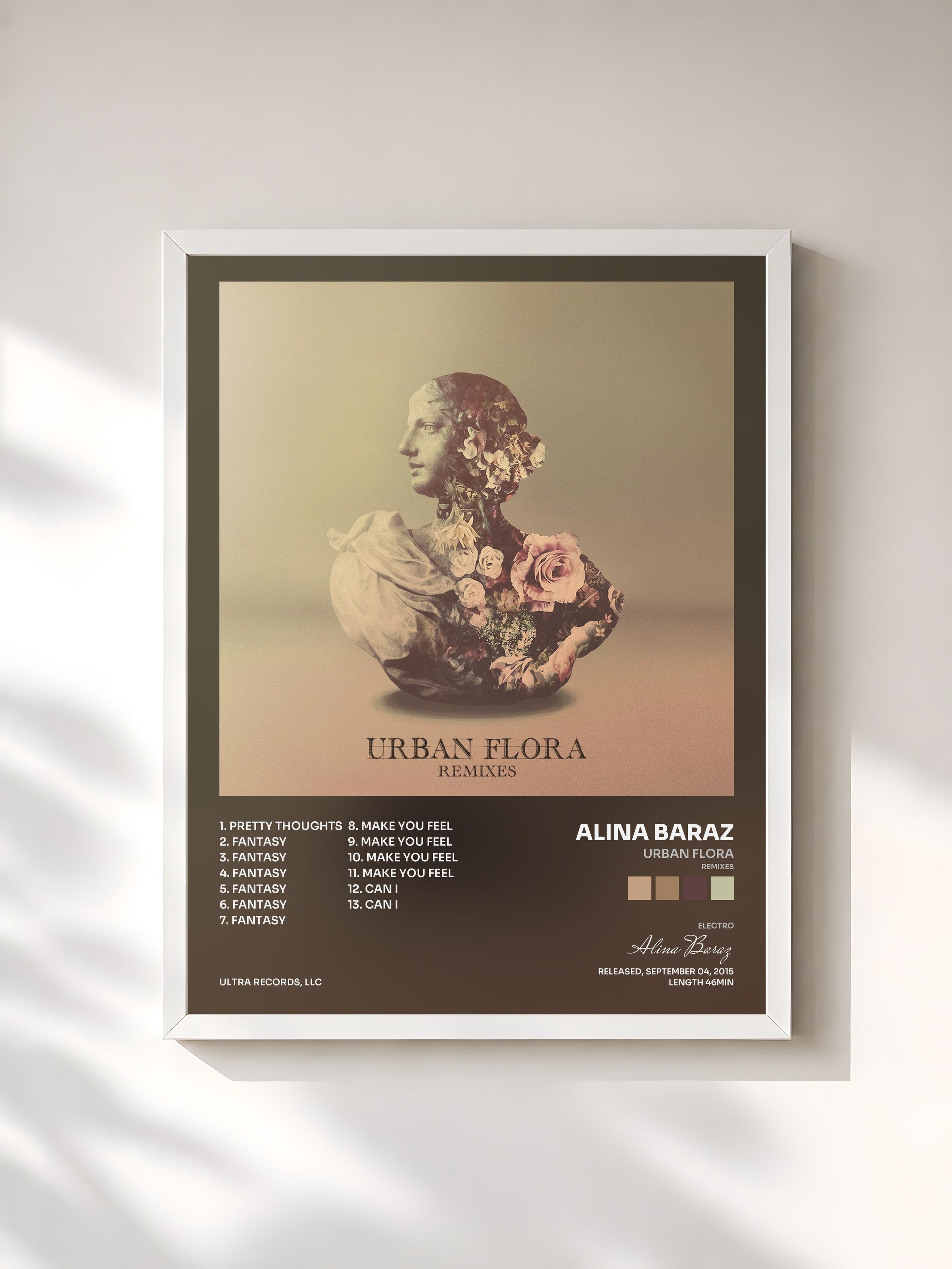 #blanc Tableau de l'album Urban Flora (Remixes) de Alina Baraz, cadre blanc, imprimé et encadré en France