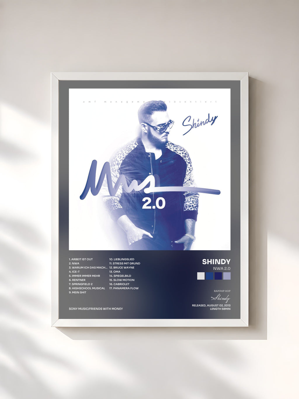 #blanc Tableau de l'album NWA 2.0 de Shindy, cadre blanc, imprimé et encadré en France
