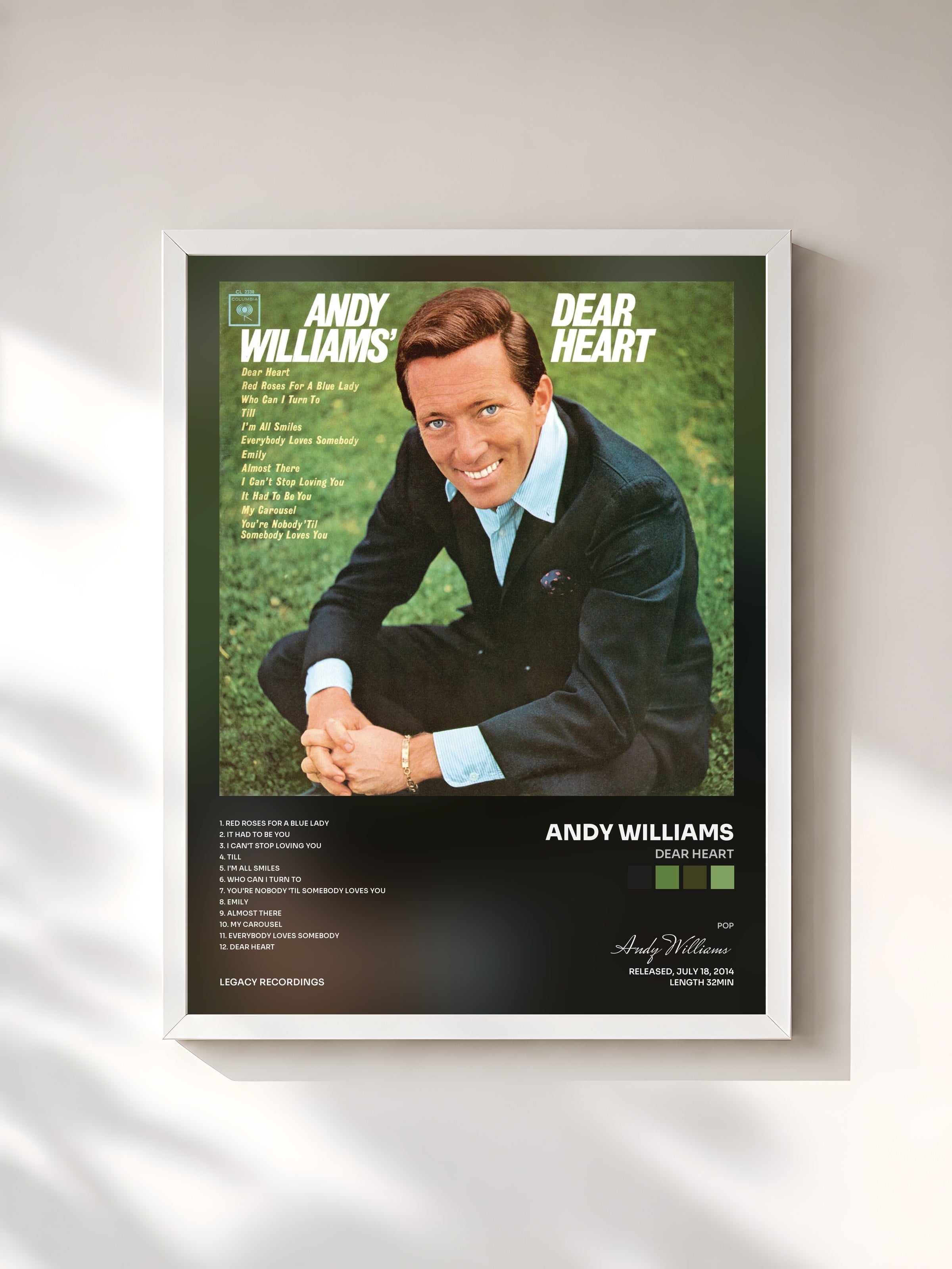 #blanc Tableau de l'album Dear Heart de Andy Williams, cadre blanc, imprimé et encadré en France