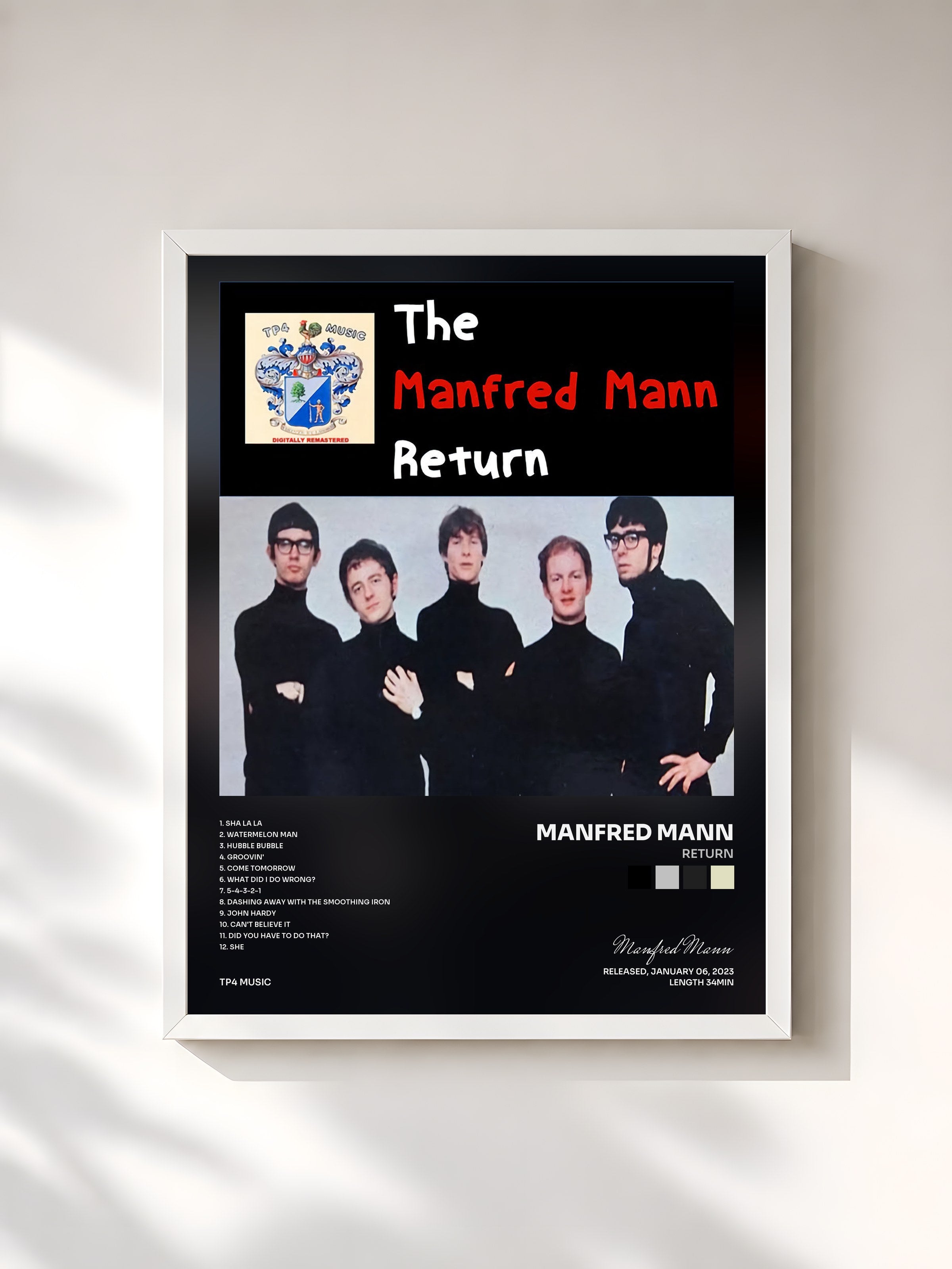 #blanc Tableau de l'album Return de Manfred Mann, cadre blanc, imprimé et encadré en France