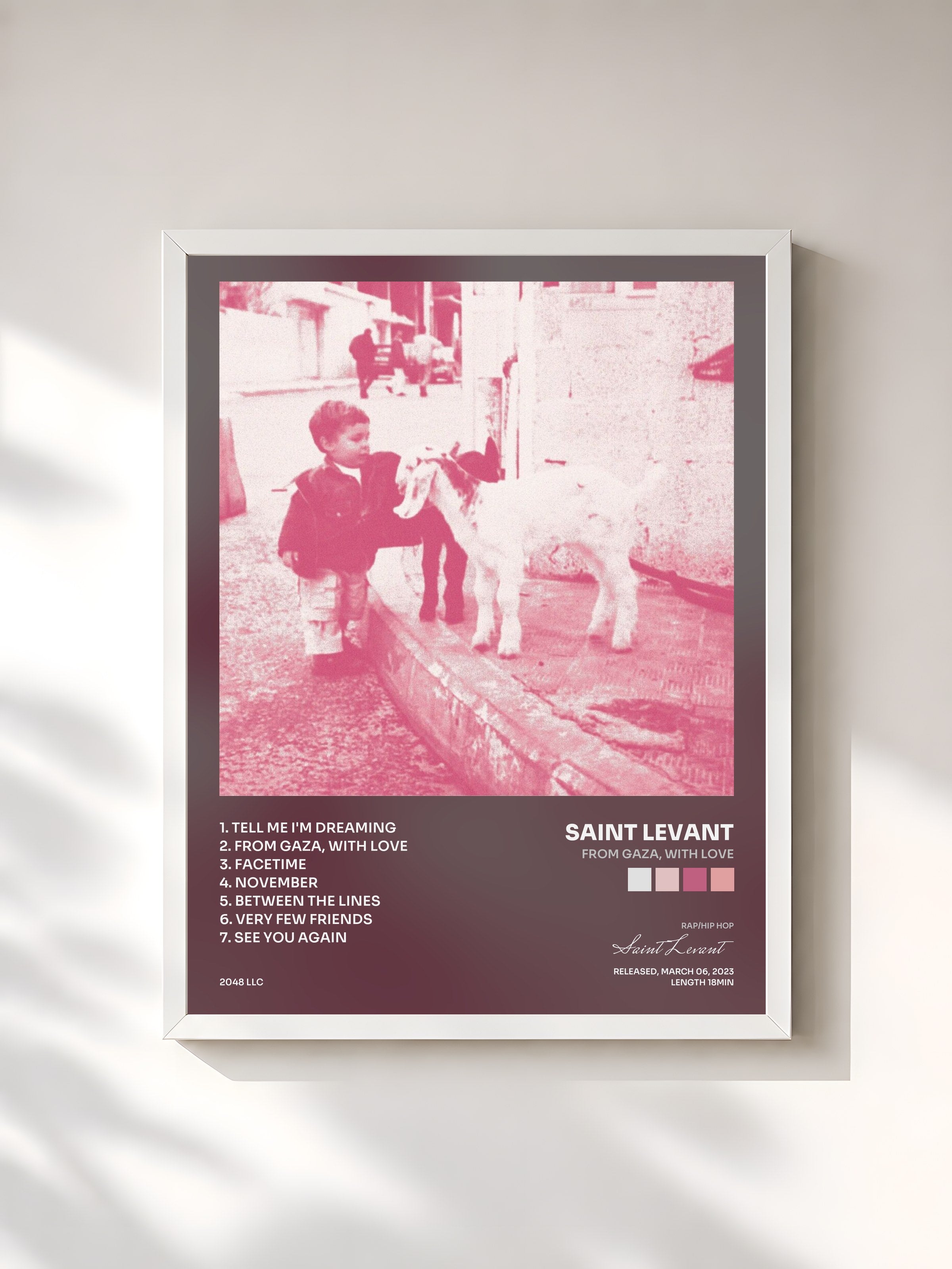 #blanc Tableau de l'album From Gaza, With Love de Saint Levant, cadre blanc, imprimé et encadré en France