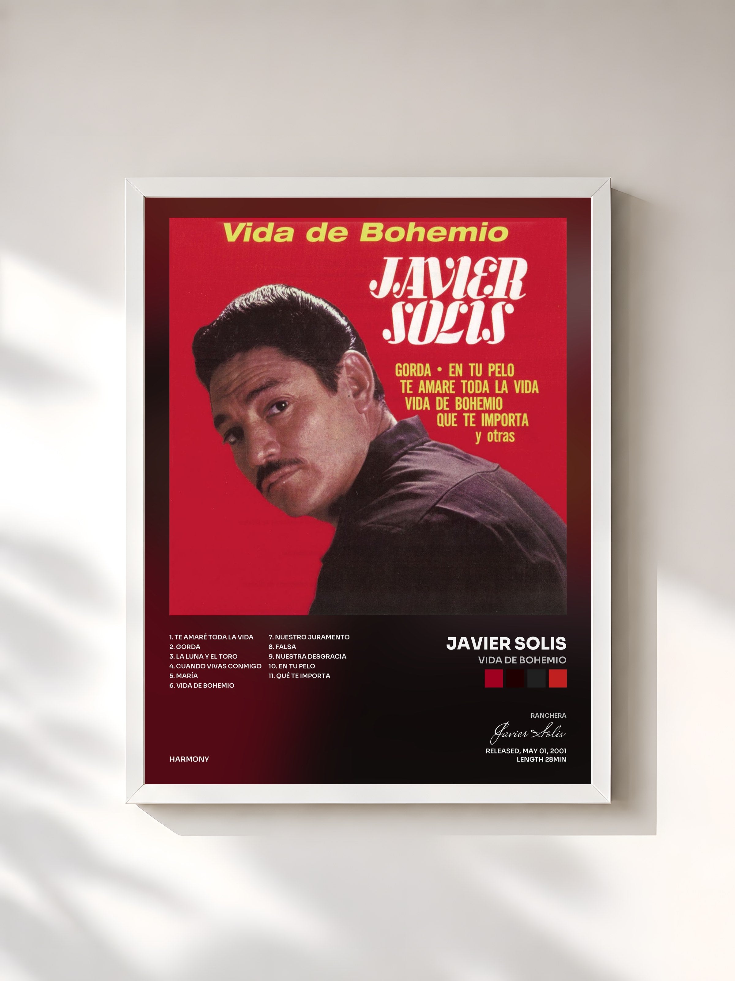#blanc Tableau de l'album Vida De Bohemio de Javier Solis, cadre blanc, imprimé et encadré en France