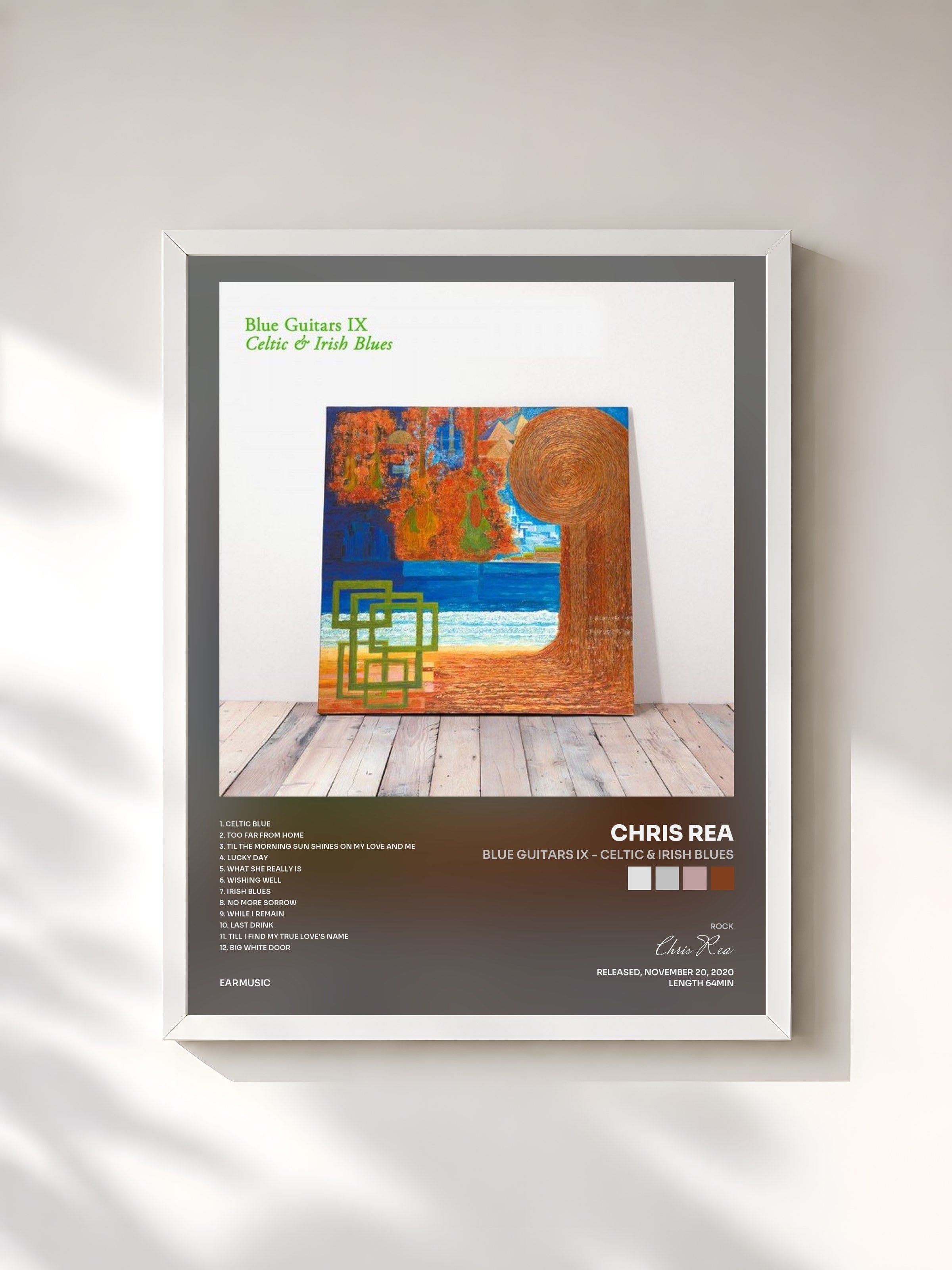 #blanc Tableau de l'album Blue Guitars IX - Celtic & Irish Blues de Chris Rea, cadre blanc, imprimé et encadré en France