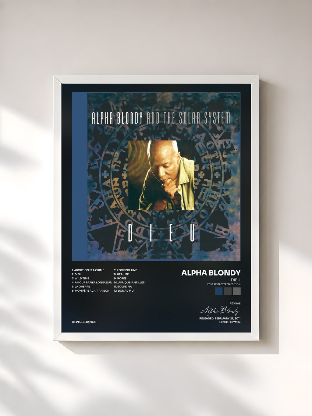 #blanc Tableau de l'album Dieu (2010 Remastered Edition) de Alpha Blondy, cadre blanc, imprimé et encadré en France