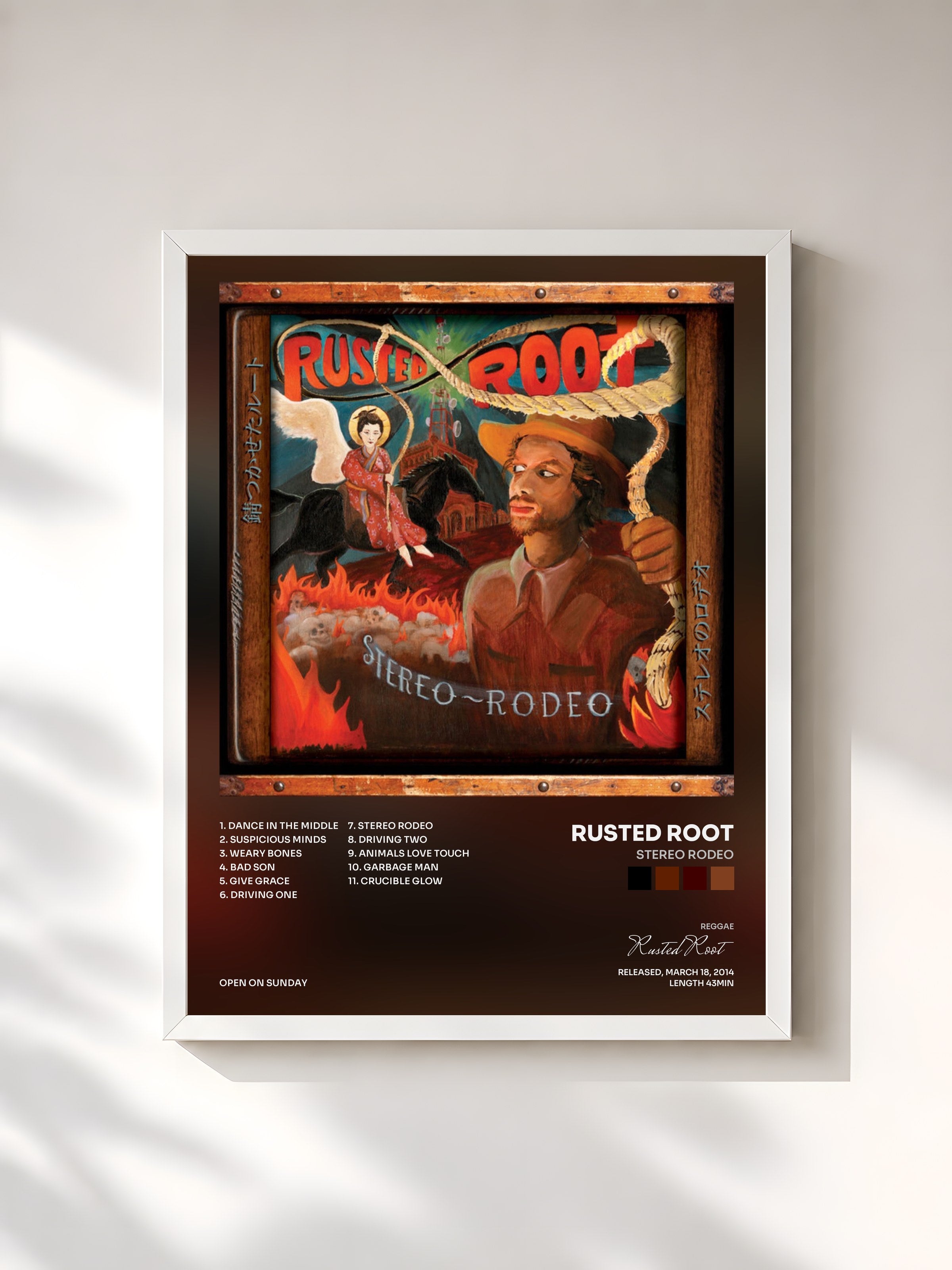 #blanc Tableau de l'album Stereo Rodeo de Rusted Root, cadre blanc, imprimé et encadré en France