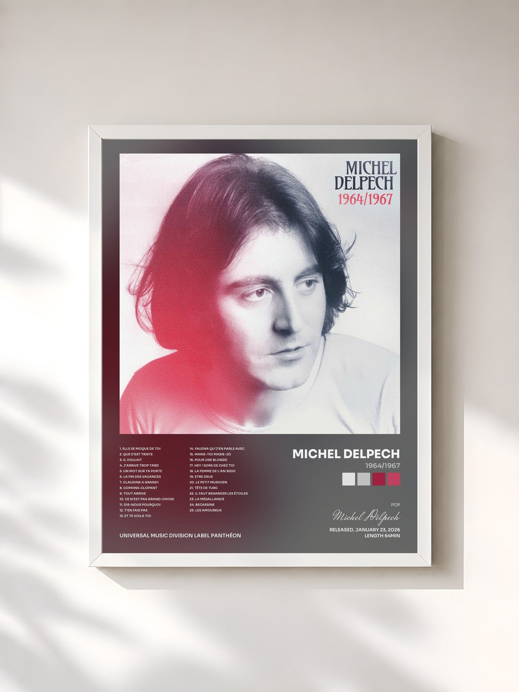 #blanc 1964/1967 di Michel Delpech in stampa incorniciata, cornice bianca, stampata e incorniciata in Francia