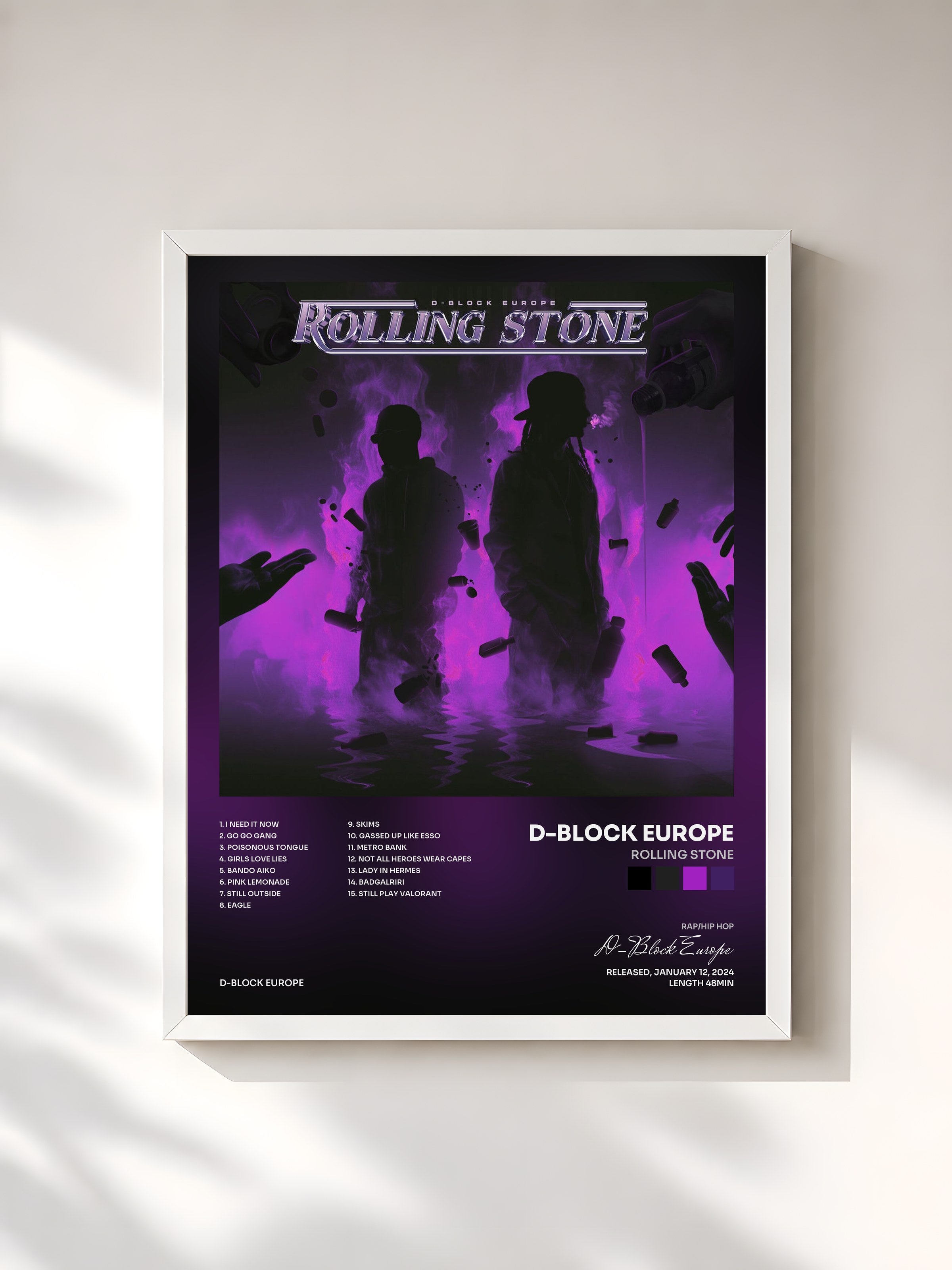 #blanc Tableau de l'album Rolling Stone de D-Block Europe, cadre blanc, imprimé et encadré en France
