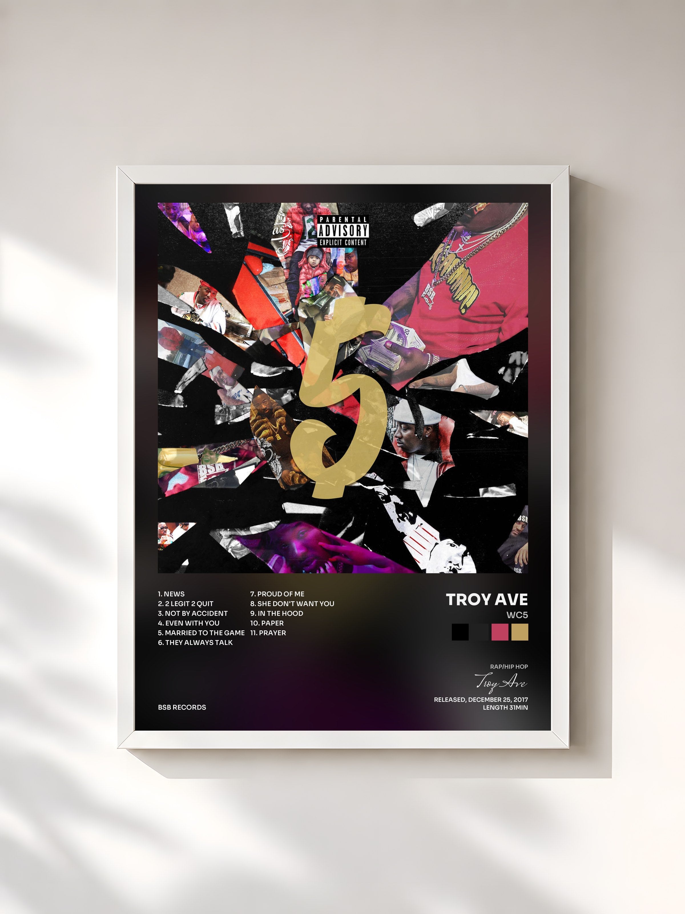 #blanc Tableau de l'album WC5 de Troy Ave, cadre blanc, imprimé et encadré en France