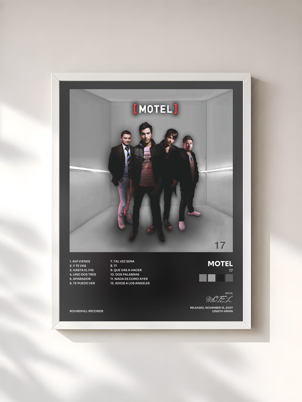 #blanc Tableau de l'album 17 de MOTEL, cadre blanc, imprimé et encadré en France