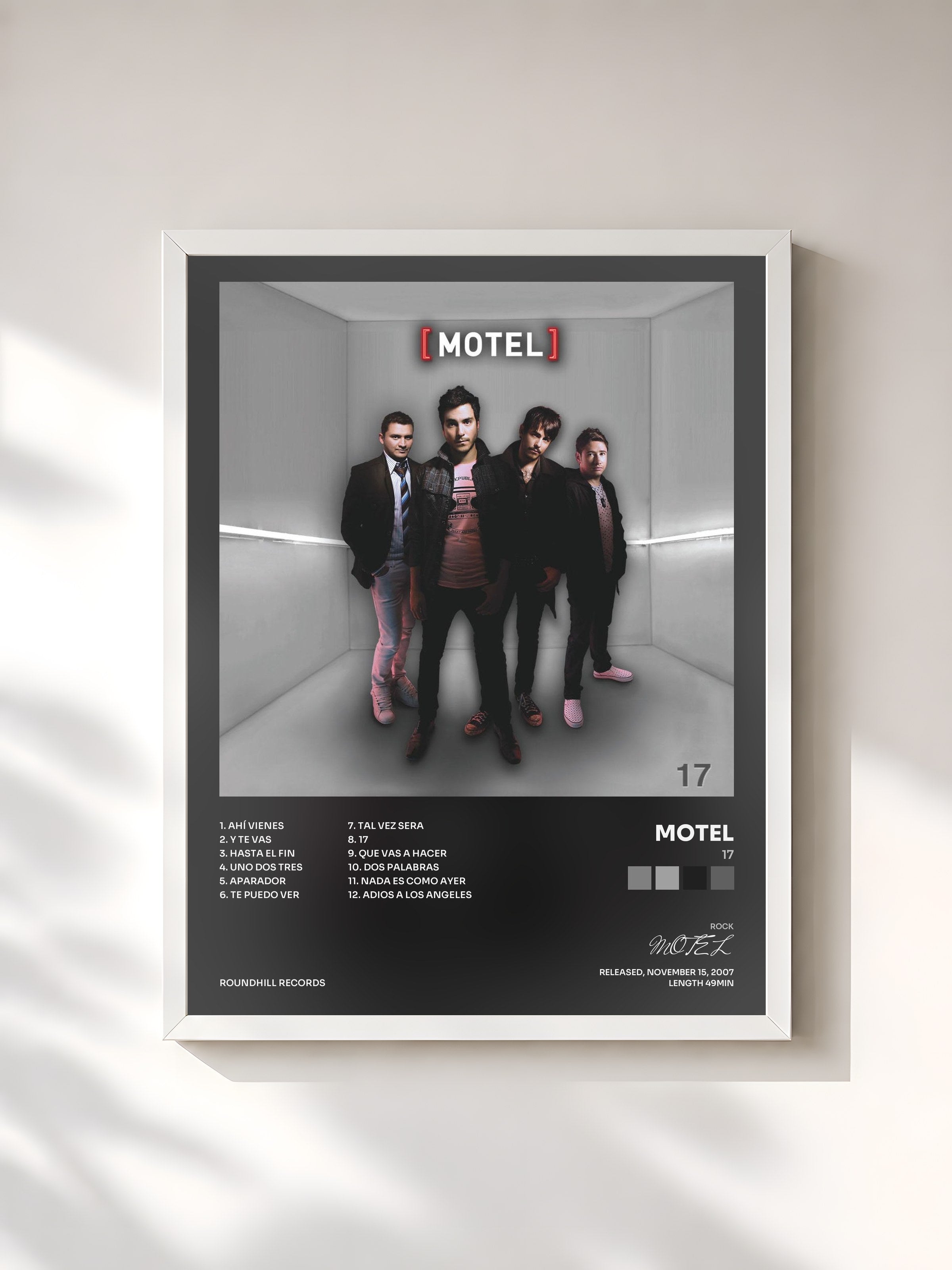#blanc Tableau de l'album 17 de MOTEL, cadre blanc, imprimé et encadré en France
