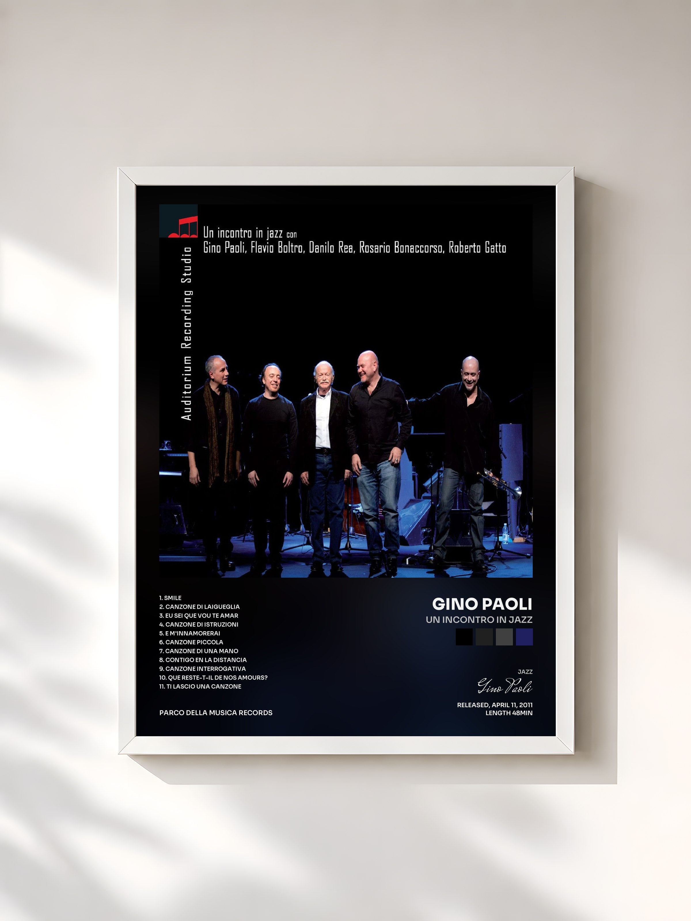 #blanc Tableau de l'album Un incontro in jazz de Gino Paoli, cadre blanc, imprimé et encadré en France