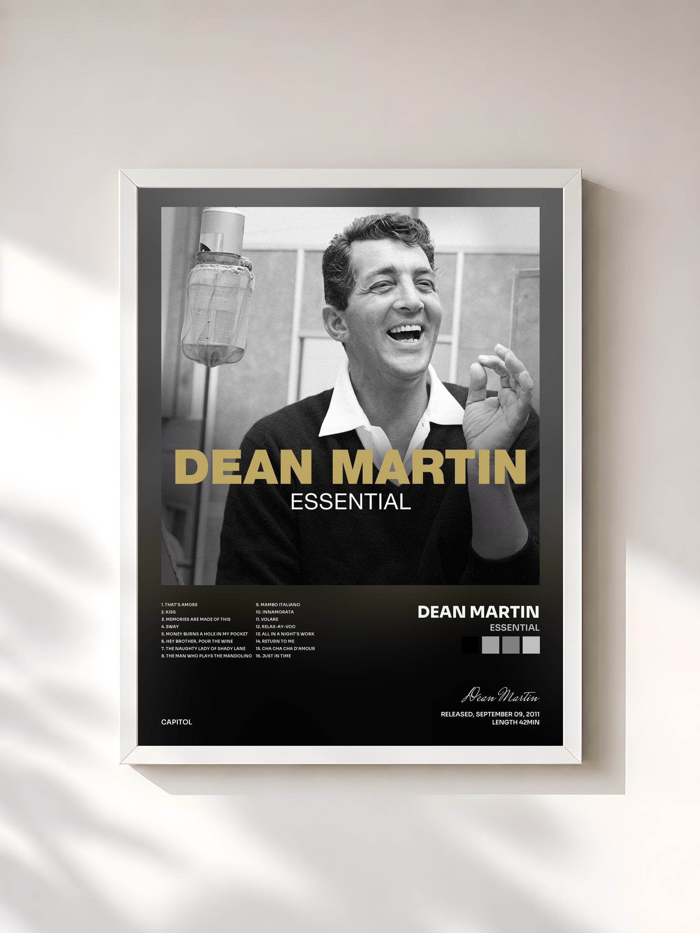 #blanc Tableau de l'album Essential de Dean Martin, cadre blanc, imprimé et encadré en France