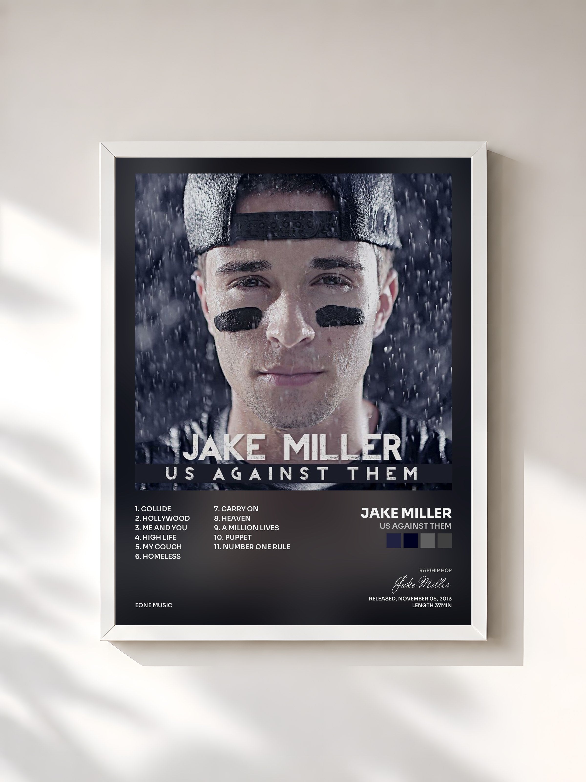#blanc Tableau de l'album Us Against Them de Jake Miller, cadre blanc, imprimé et encadré en France