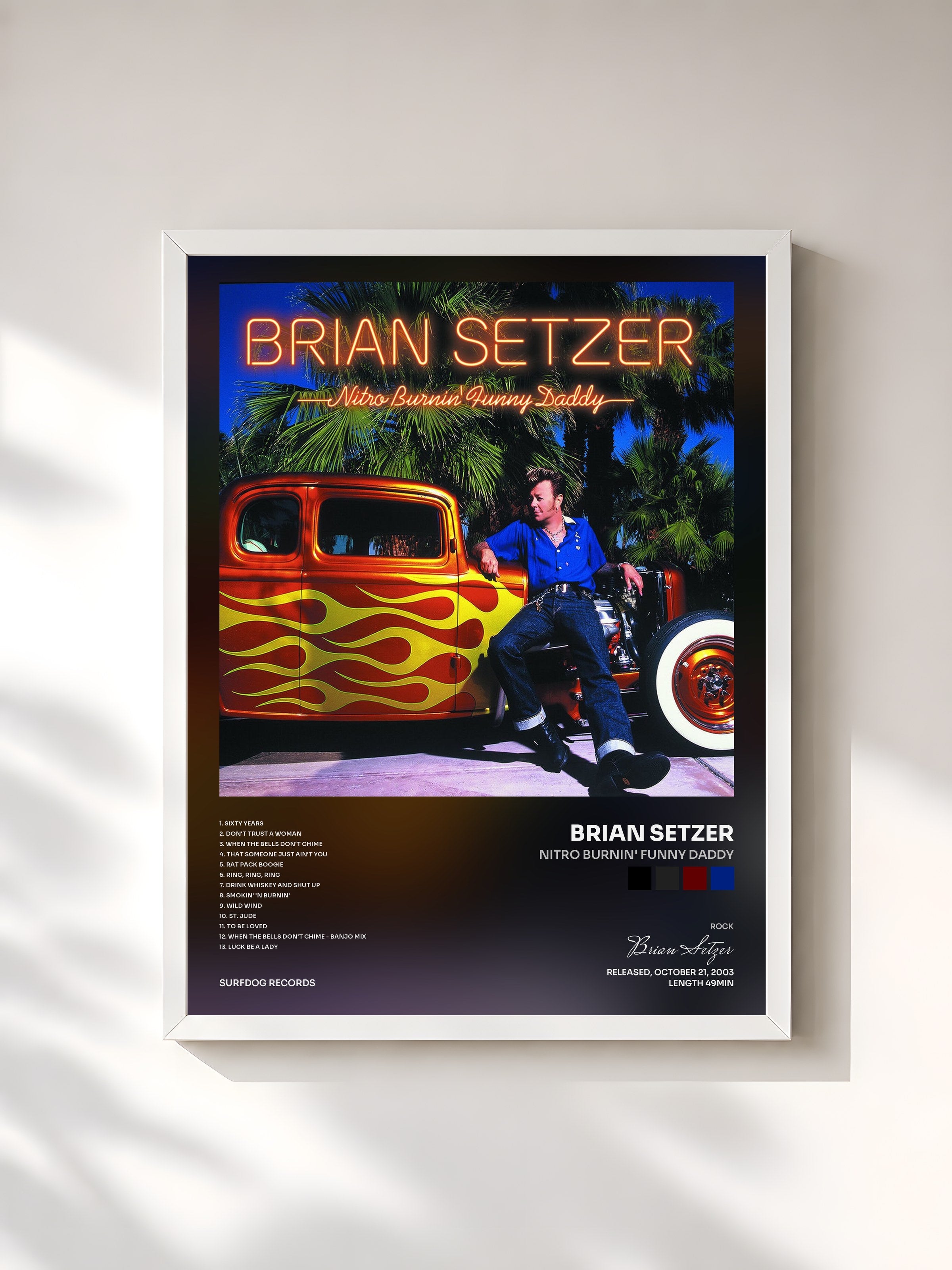 #blanc Tableau de l'album Nitro Burnin' Funny Daddy de Brian Setzer, cadre blanc, imprimé et encadré en France
