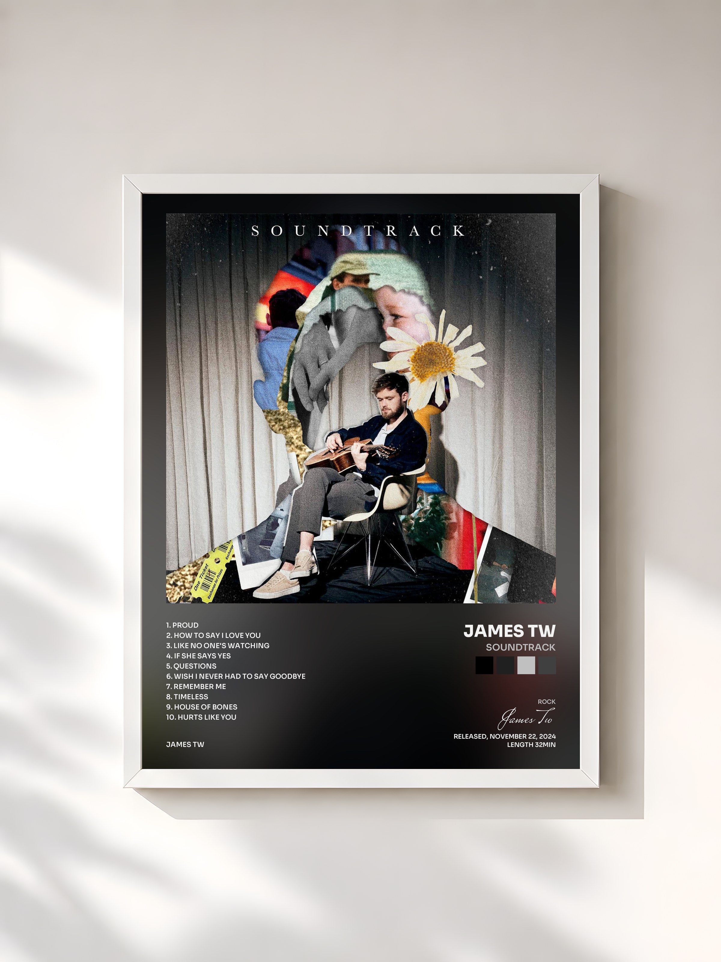 #blanc Tableau de l'album Soundtrack de James Tw, cadre blanc, imprimé et encadré en France