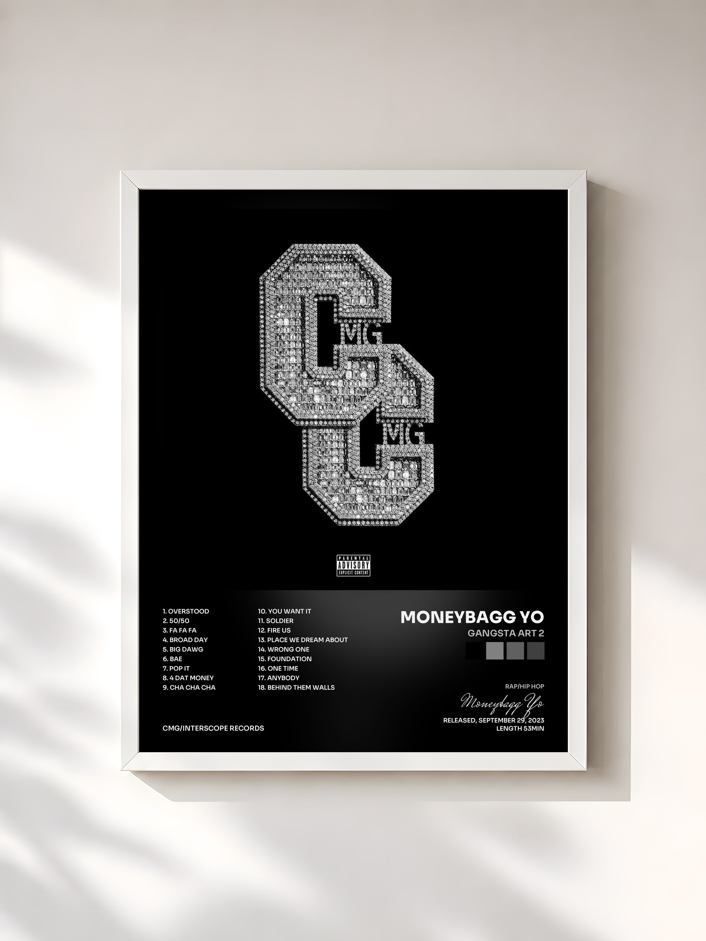 #blanc Tableau de l'album Gangsta Art 2 de Moneybagg Yo, cadre blanc, imprimé et encadré en France