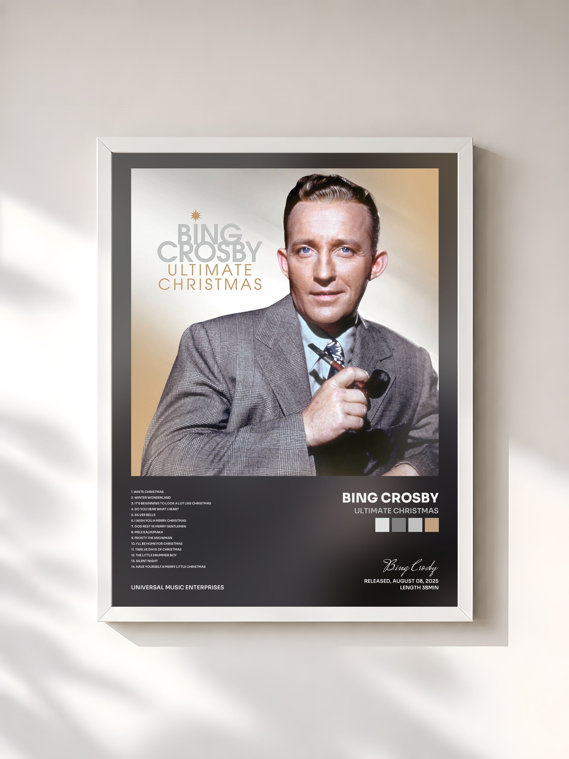 #blanc Tableau de l'album Ultimate Christmas de Bing Crosby, cadre blanc, imprimé et encadré en France