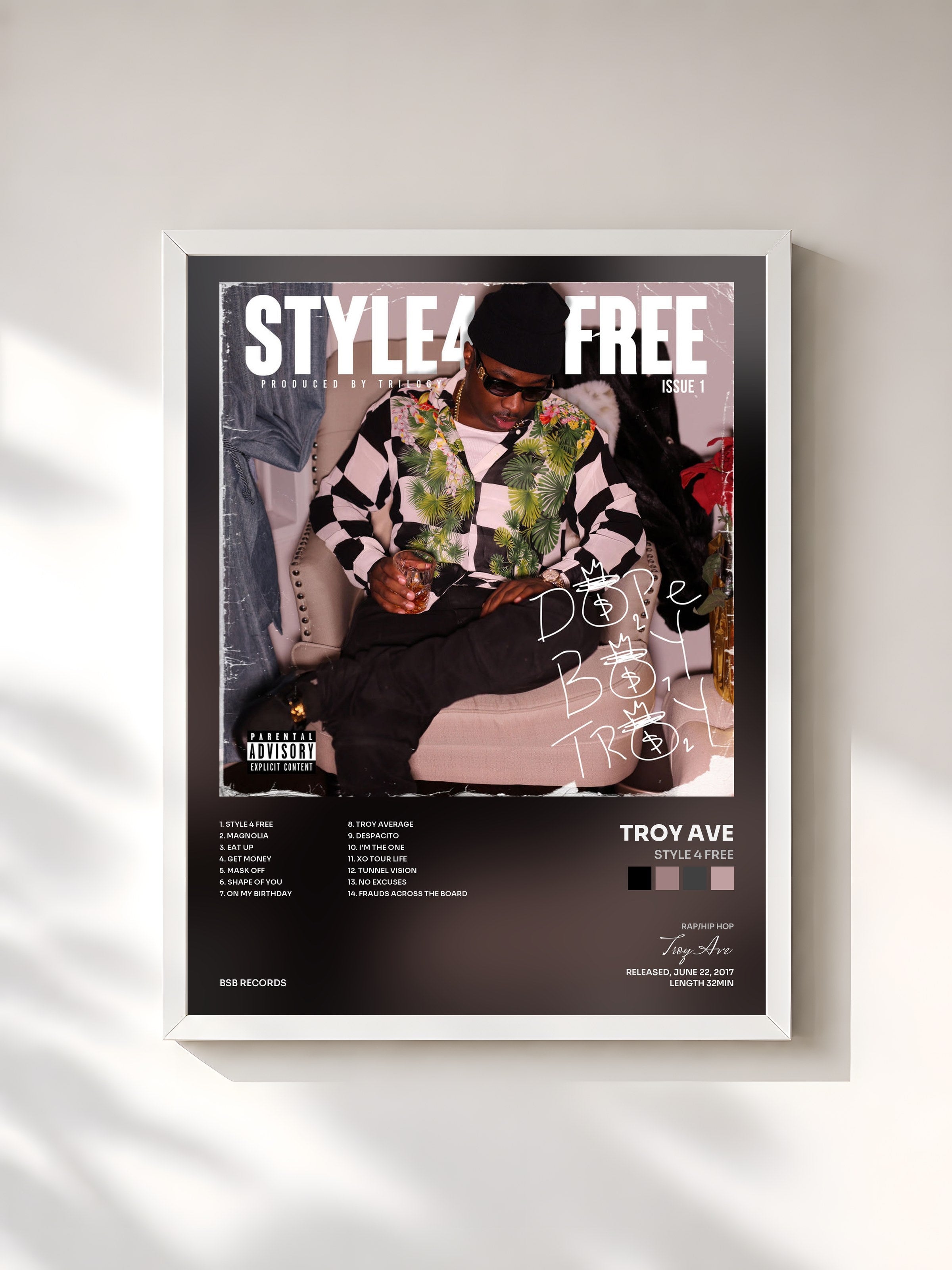 #blanc Tableau de l'album Style 4 Free de Troy Ave, cadre blanc, imprimé et encadré en France