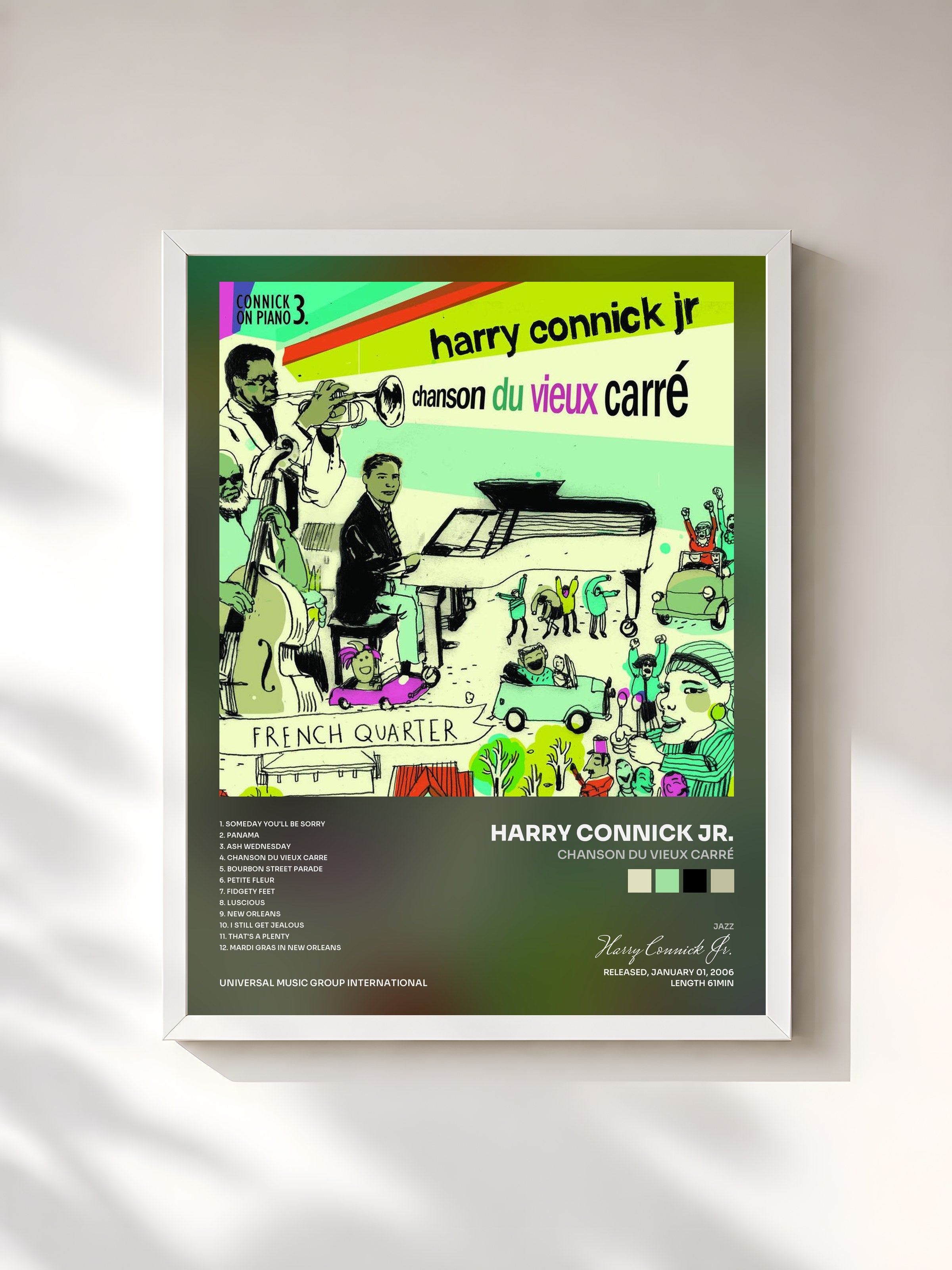 #blanc Tableau de l'album Chanson du Vieux Carré de Harry Connick Jr., cadre blanc, imprimé et encadré en France