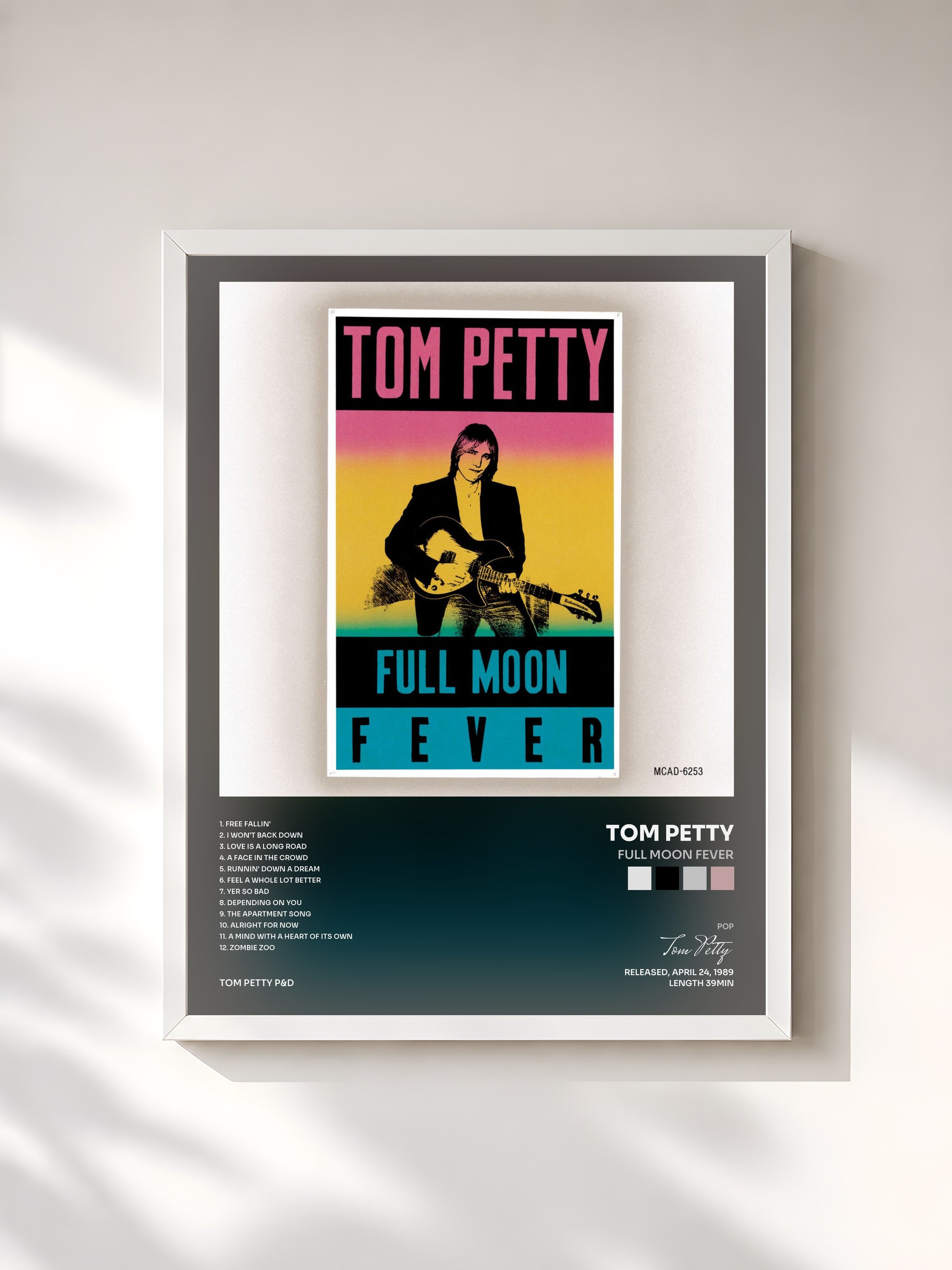 #blanc Tableau de l'album Full Moon Fever de Tom Petty, cadre blanc, imprimé et encadré en France