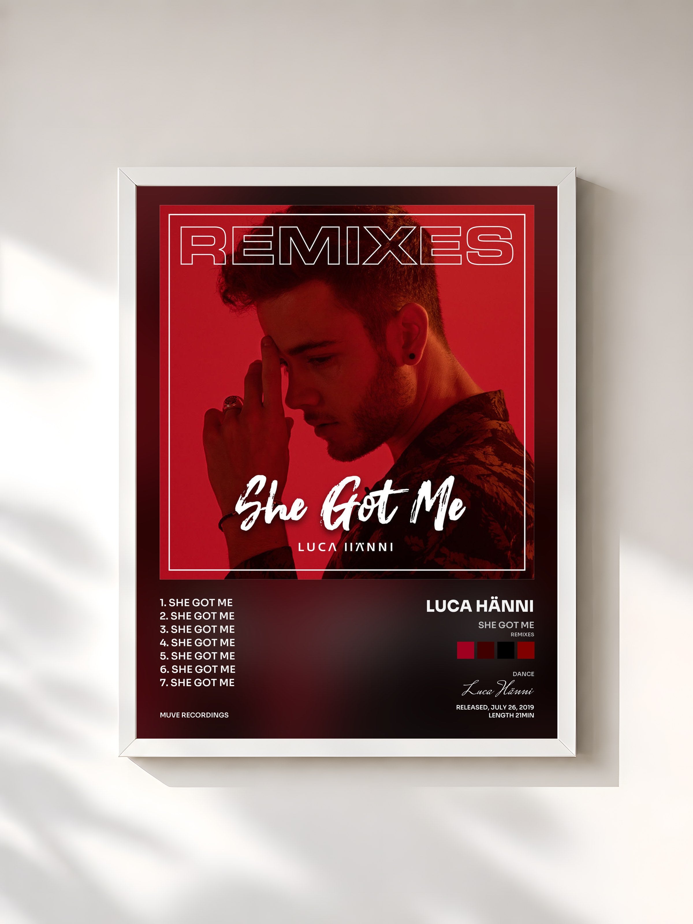 #blanc Tableau de l'album She Got Me (Remixes) de Luca Hänni, cadre blanc, imprimé et encadré en France