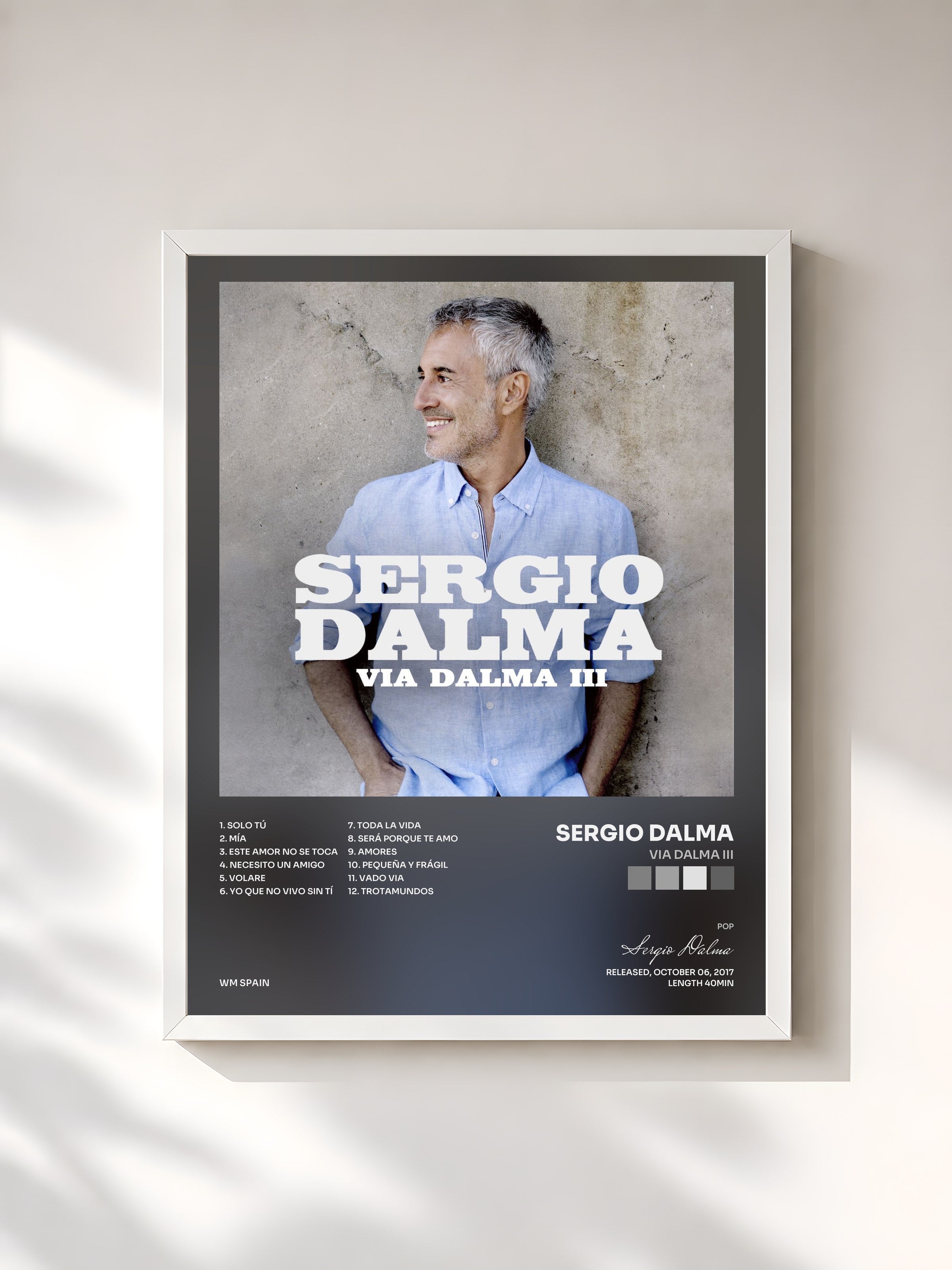 #blanc Tableau de l'album Via Dalma III de Sergio Dalma, cadre blanc, imprimé et encadré en France