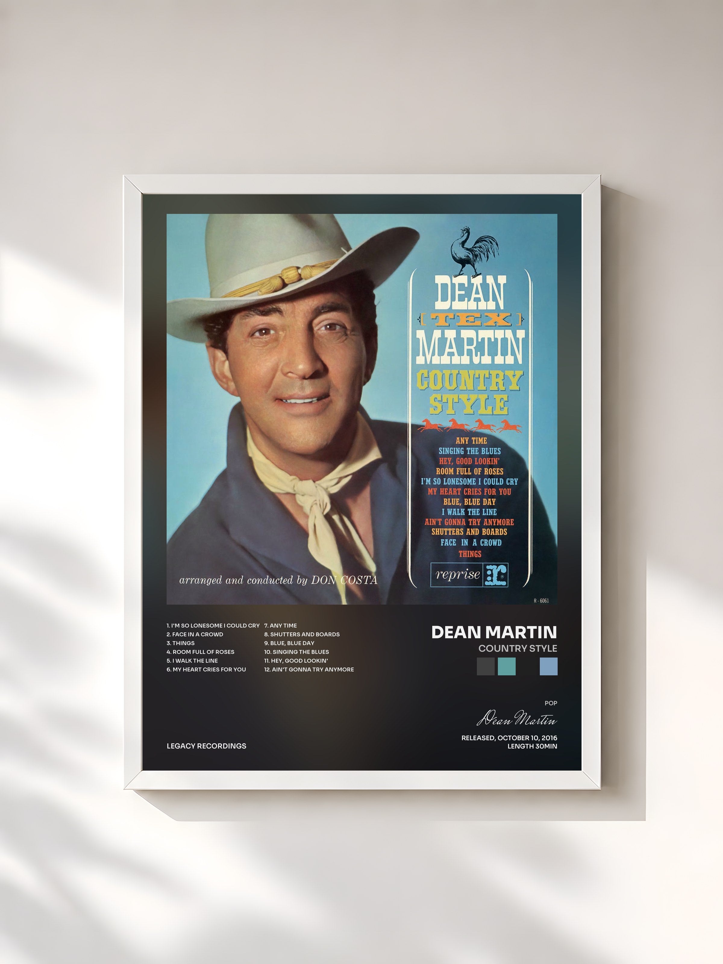#blanc Tableau de l'album Country Style de Dean Martin, cadre blanc, imprimé et encadré en France