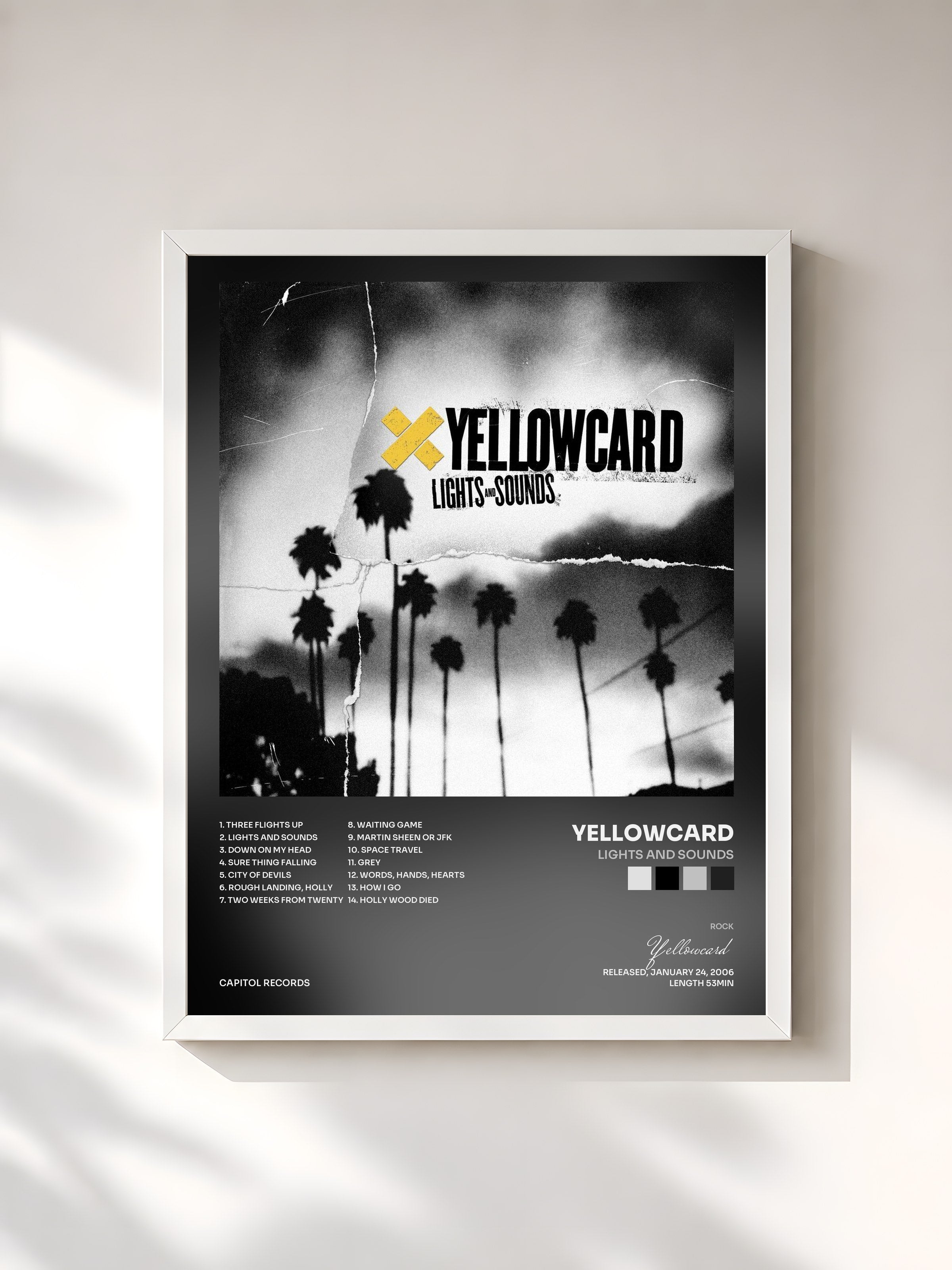#blanc Tableau de l'album Lights And Sounds de Yellowcard, cadre blanc, imprimé et encadré en France